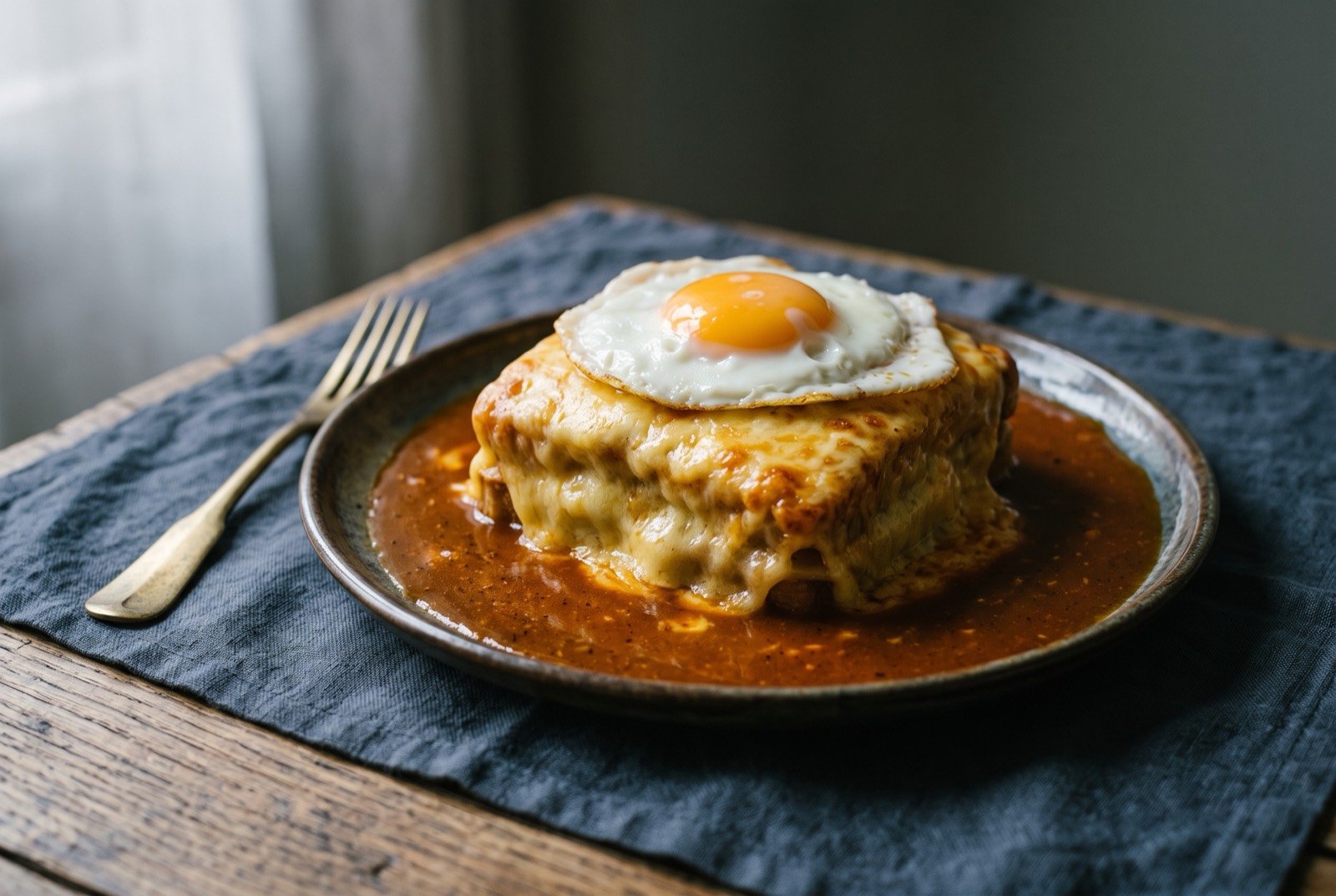 Francesinha, a meat and cheese sandwich in beer sauce: a thick sandwich fully blanketed in deeply melted golden brown cheese, a pool of glossy dark red spiced sauce surrounding it.