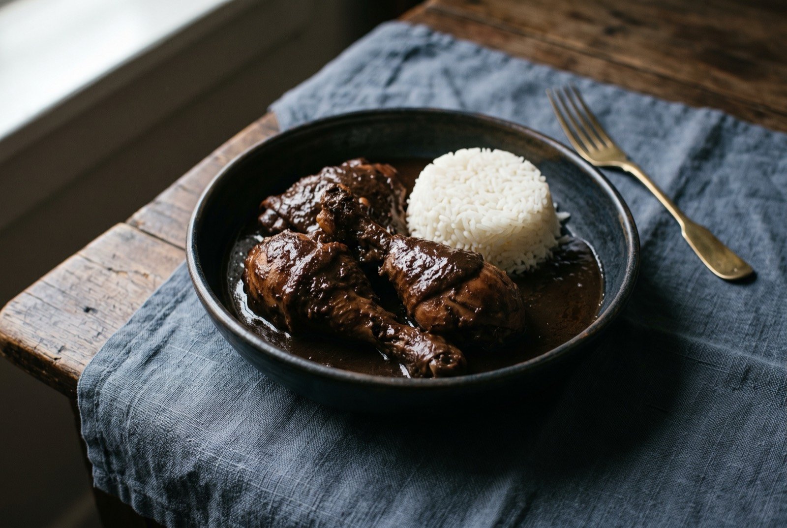 Frango ao molho pardo, chicken in a blood darkened sauce: pieces of chicken in a deep, glossy, near black brown sauce thick enough to coat a spoon heavily, a faint sheen across its surface.