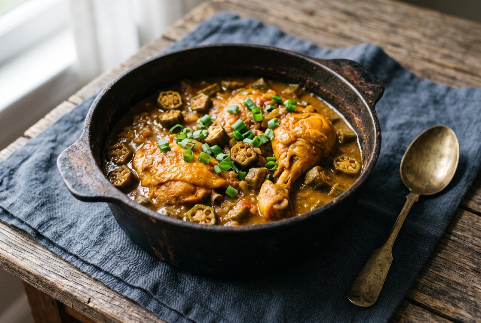 Frango com quiabo, chicken stewed with okra, no palm oil: pieces of golden orange braised chicken half submerged in a thick, earthy ochre sauce studded with sliced okra rounds, browned rather than slimy at the edges.