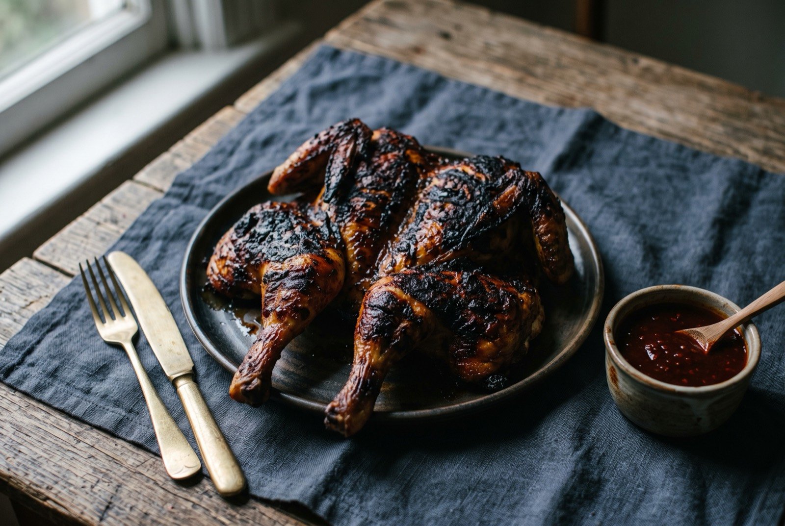 Frango piri-piri à Guia, charcoal grilled chicken with piri-piri sauce: a whole spatchcocked chicken deeply charred and blistered from direct charcoal heat, skin dark mahogany at the edges, a small dish of glossy dark red piri-piri sauce alongside.