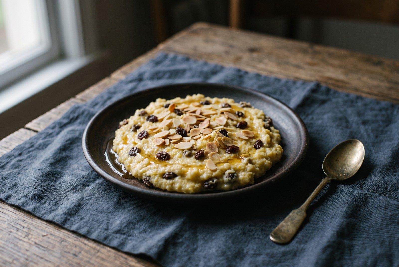 Frangollo, sweetened maize pudding: a dense, pale yellow maize pudding set in a shallow dark dish, studded with dark raisins and scattered with toasted flaked almonds.