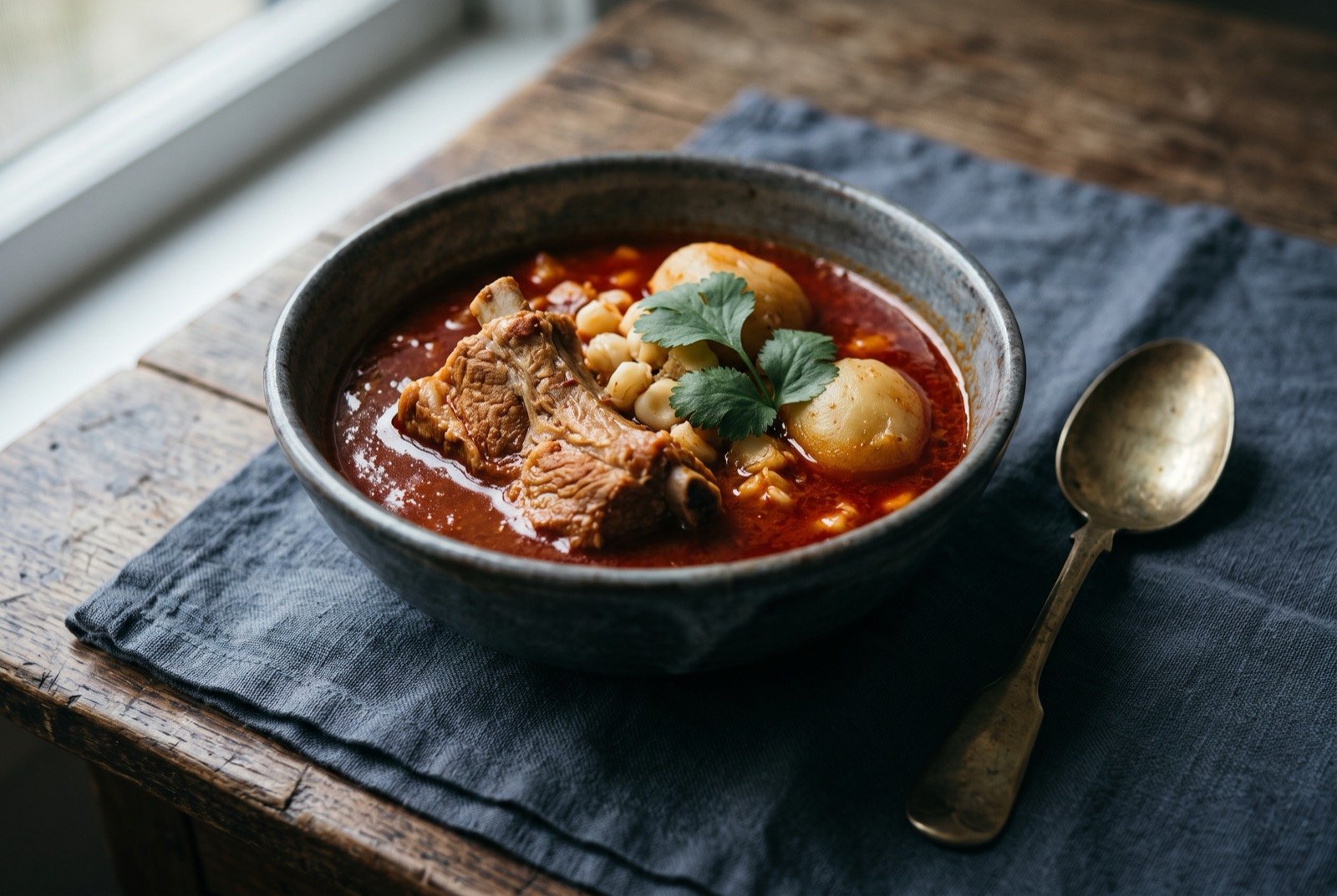 Fricasé paceño, pork and chuño in a fiery ají broth: a deep bowl of thick, deep red ají broth with a bone in piece of pork rib breaking the surface beside pale swollen chuño and kernels of white hominy.