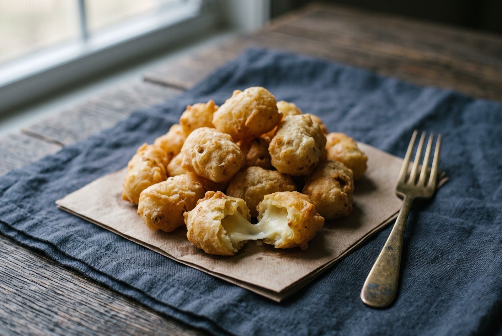 Fried cheese curds: a small heap of irregular golden fried cheese curds, the beer batter shell pale and craggy, one curd broken open to show pale molten cheese stretching from the torn interior.