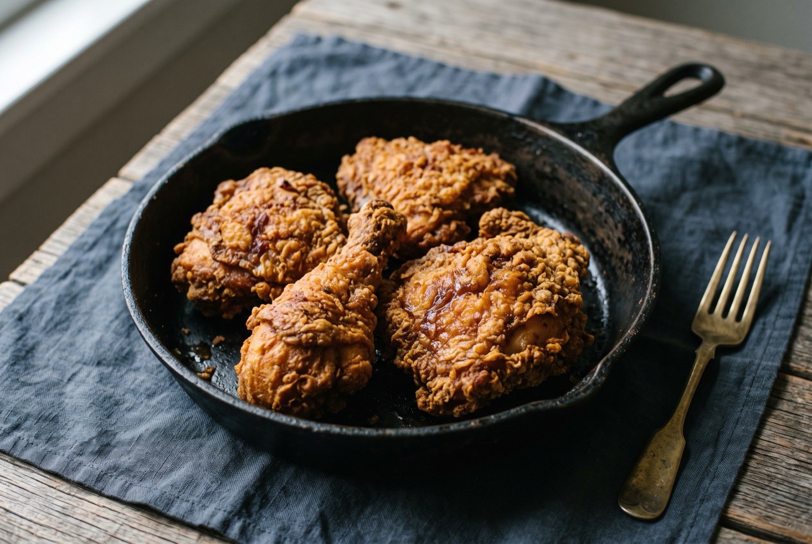 Fried chicken, sweet tea brined and fried in a cast iron skillet: several pieces of deeply golden brown fried chicken with a heavily craggy, blistered crust, piled in a well seasoned black cast iron skillet.