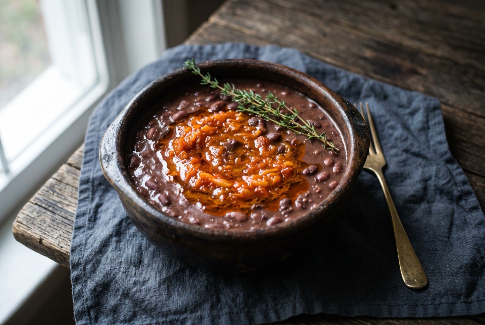 Frijoles antioqueños, a cargamanto bean pot with hogao: a deep clay pot of thick, dark red speckled beans in a glossy reduced sauce, a slick of orange tomato and onion hogao pooling on the surface.