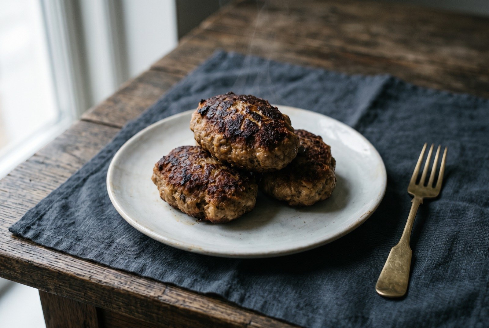 Frikadeller, pan-fried pork and veal patties: three oval fried meat patties stacked loosely on a plain plate, a deeply browned crust with visible seared flecks, faint steam rising.