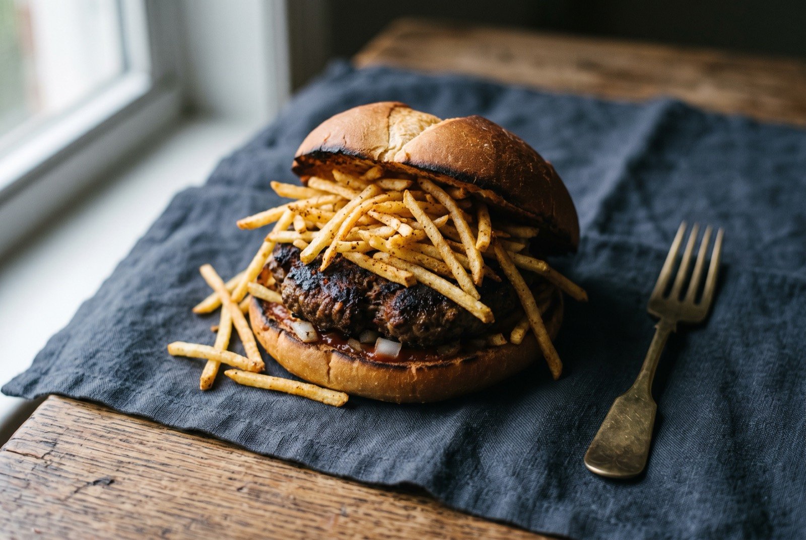 Frita cubana, a seasoned beef patty topped with fried potato sticks: a soft bread roll holding a dark, well charred beef patty, a generous heap of thin golden fried potato sticks piled on top and spilling slightly over the edge of the bun.