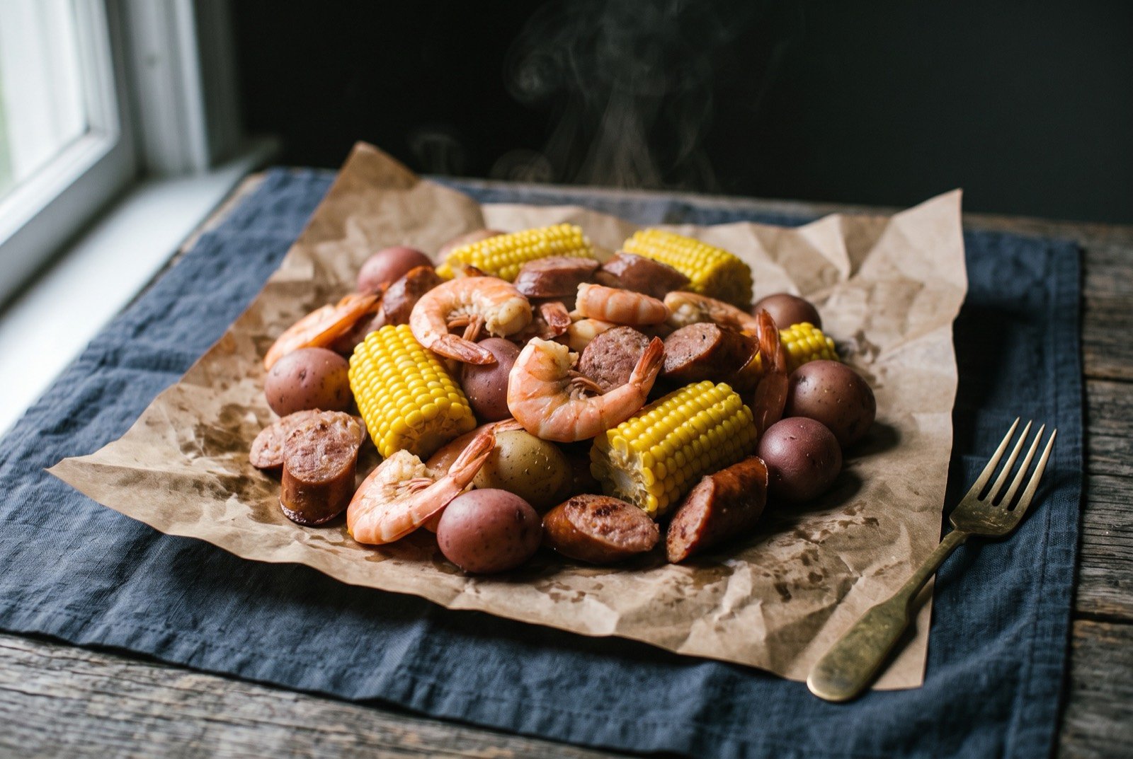 Frogmore stew, a Lowcountry shrimp and corn boil: a rustic heap of pink shell on shrimp, halved corn cobs, thick sliced smoked sausage and small new potatoes piled together directly on brown paper.