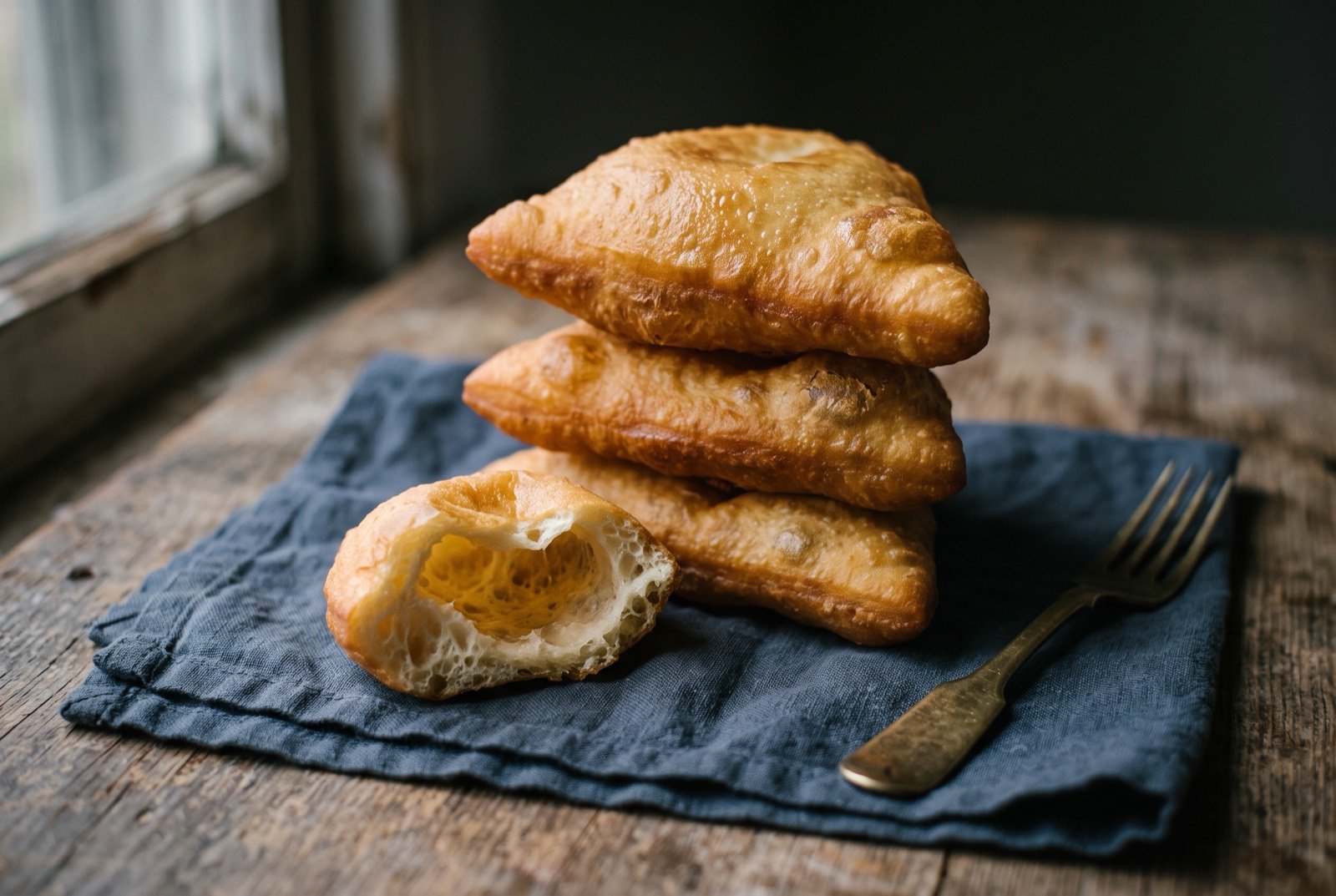 Fry jacks, deep fried breakfast dough: a stack of three golden brown, puffed triangular fried dough pieces, one broken open to show its light, airy, hollow interior.