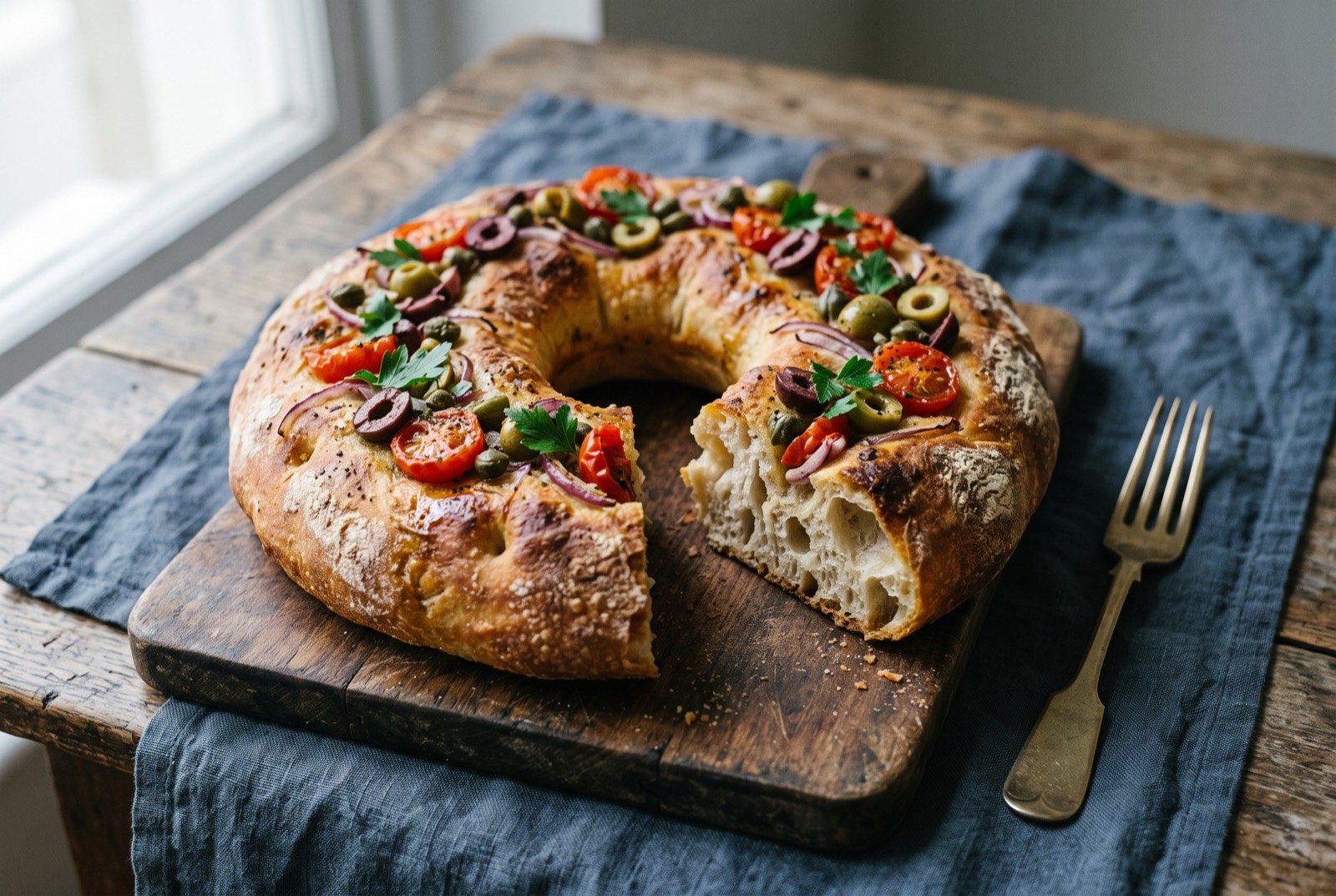 Ftira, a ring-shaped Maltese leavened bread filled with tuna, tomato, potato, capers and olives: a large golden brown ring-shaped loaf with a deeply crackled crust, cut open to reveal a filling of flaked tuna, sliced tomato.