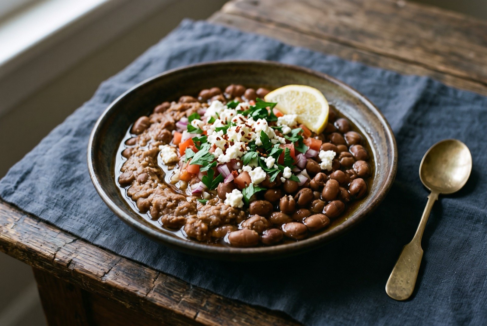Ful medames, Sudanese: Small brown fava beans in a shallow dish, part mashed to a coarse paste and part left whole, with dark sesame oil pooled glossy on top. Raw chopped tomato and red onion folded through.