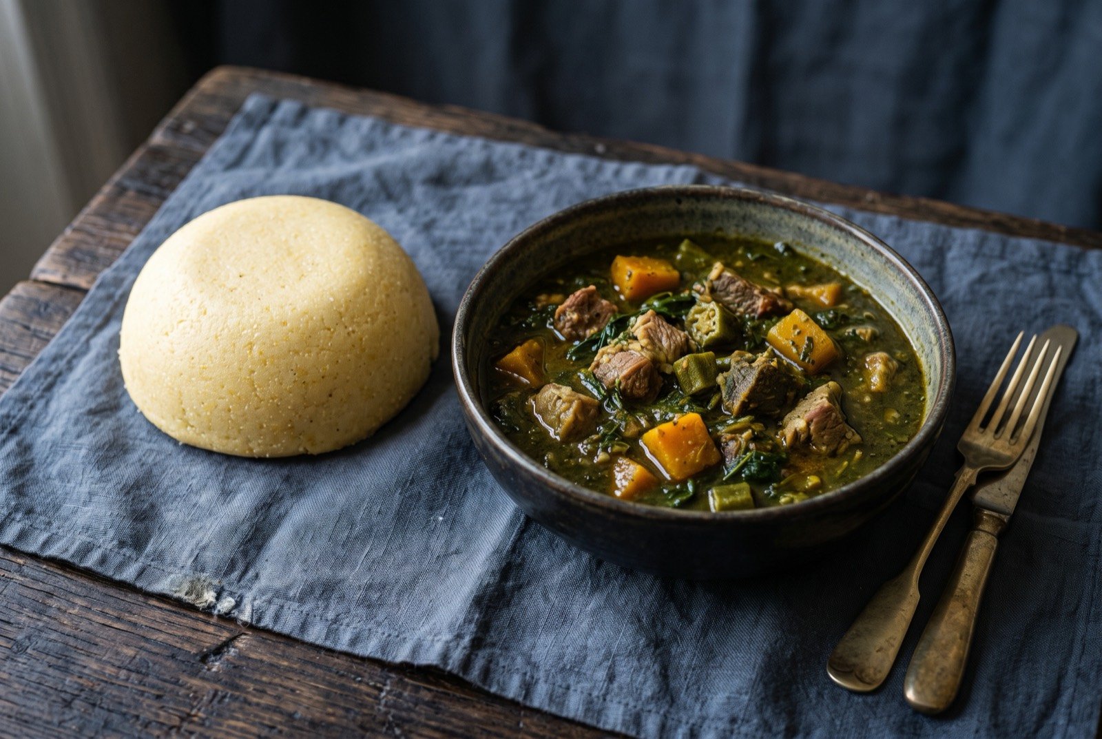 Fungee and pepperpot, a cornmeal ball with a spinach and meat stew: a smooth pale golden dome of cornmeal fungee sitting beside a deep bowl of dark green pepperpot stew, chunks of meat and orange pumpkin visible breaking its surface.