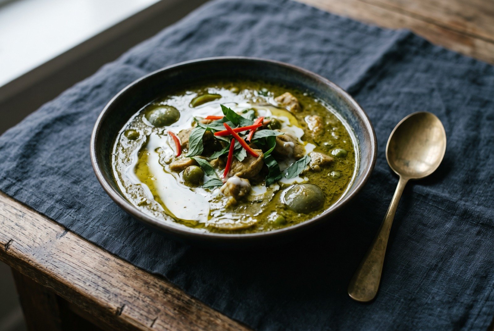 Gaeng khiao wan, green curry with a glossy split of coconut oil across its surface: a shallow bowl of a rich, deep green curry, chicken pieces and small green aubergines just visible beneath its surface, distinct pools of pale coconut oil sitting glossily on top.