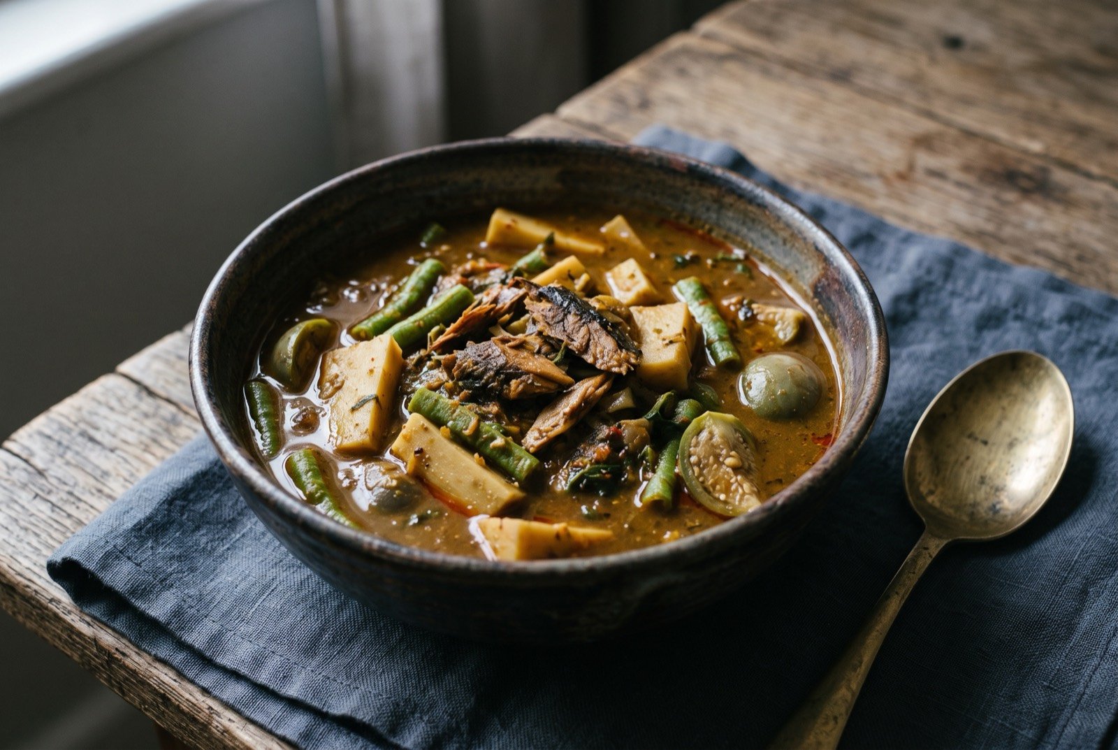 Gaeng tai pla, a dense, dark fermented fish curry with bamboo shoot and aubergine: a deep bowl of a thick, murky brown orange curry, visibly dense rather than clear, chunks of pale bamboo shoot, green long bean and small round aubergine breaking its surface.