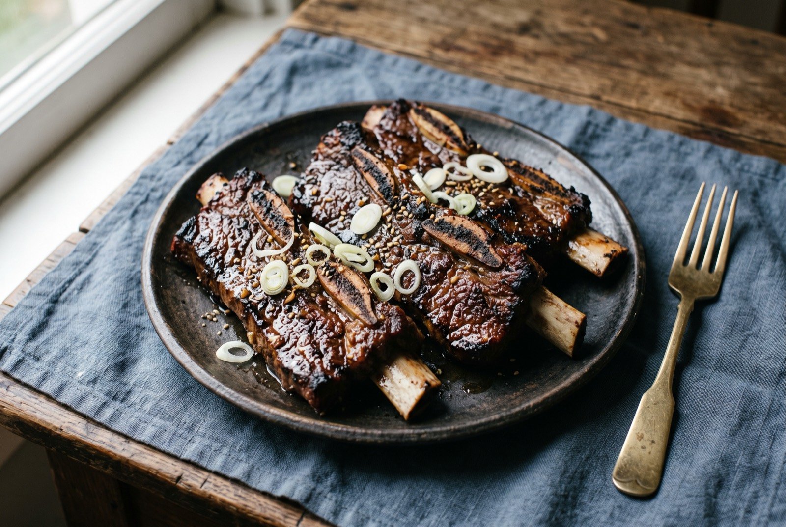 Galbi, charcoal-grilled marinated beef short rib: several pieces of dark, glossy, deeply charred short rib meat still attached to pale curved bone, laid across a dark plate.