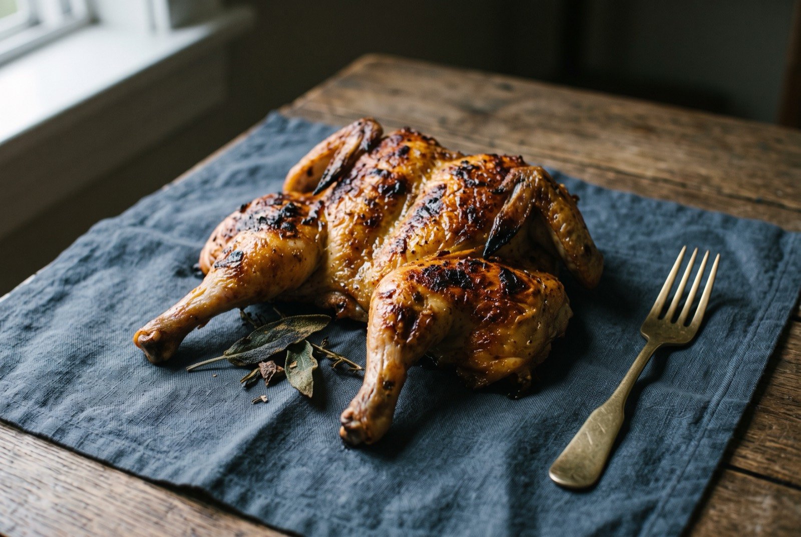 Galeto al primo canto, spit roast young chicken: a small whole spatchcocked chicken, its skin deeply golden and blistered from the fire, a few charred sage leaves visible tucked beneath one wing.