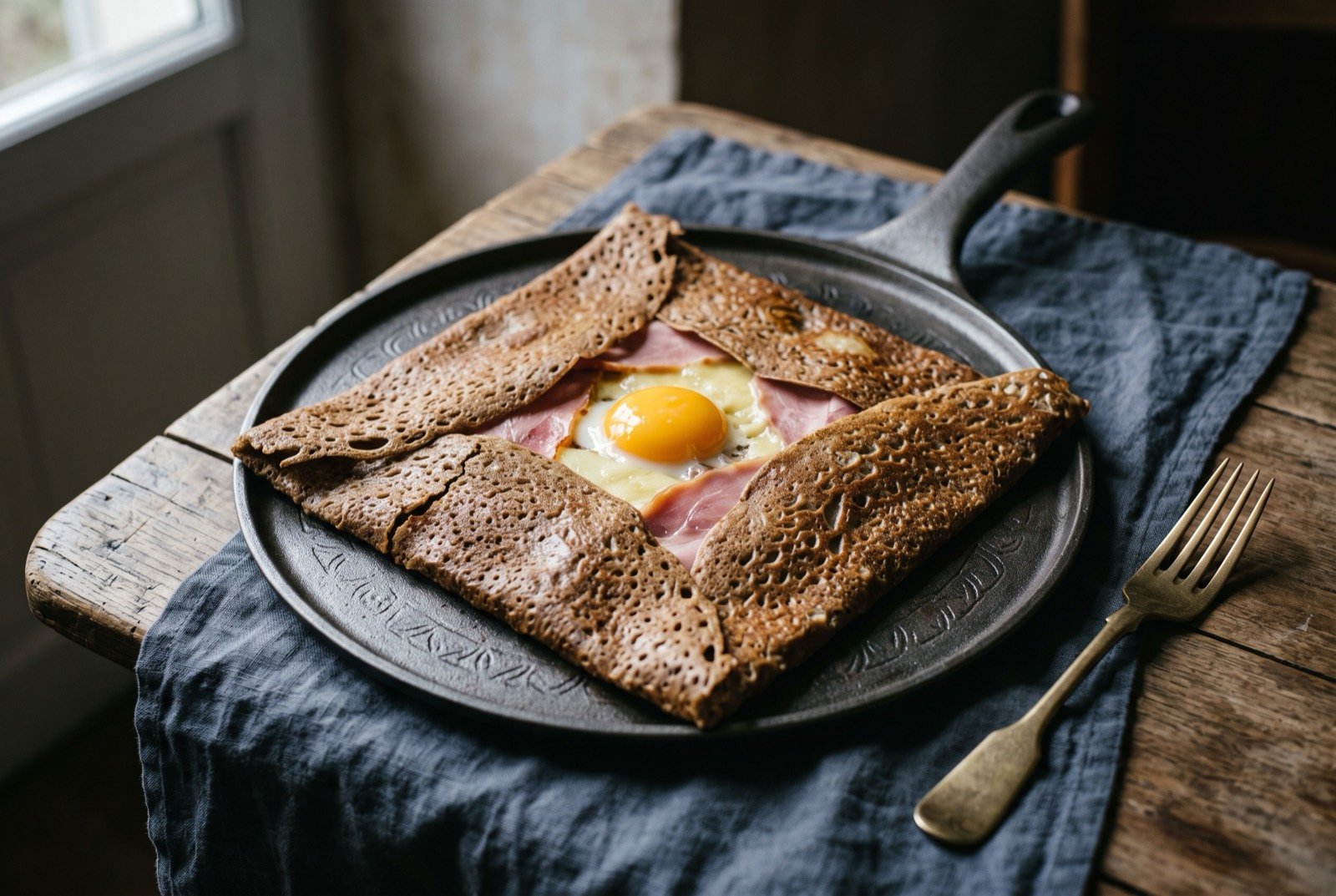 Galette de ble noir, a thin Breton buckwheat crepe: a large, thin buckwheat crepe folded into a square with visible lace like edges, a deep grey brown colour with small golden brown blistered spots across its surface.