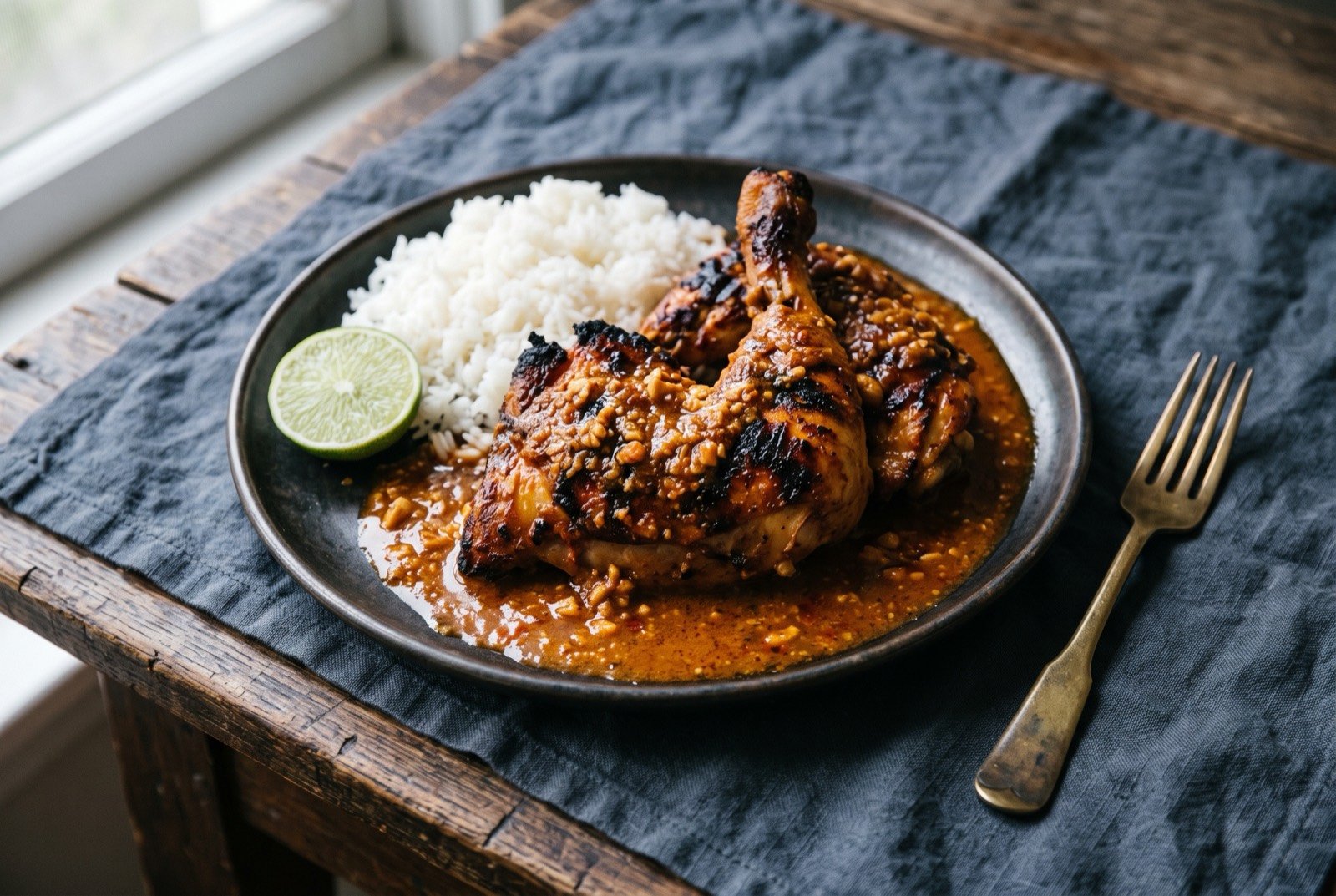 Galinha à Africana, grilled chicken in a piri-piri and coconut sauce: a whole jointed chicken piece, deeply charred at the edges, coated in a thick reddish orange sauce flecked with ground peanut and dark spice.