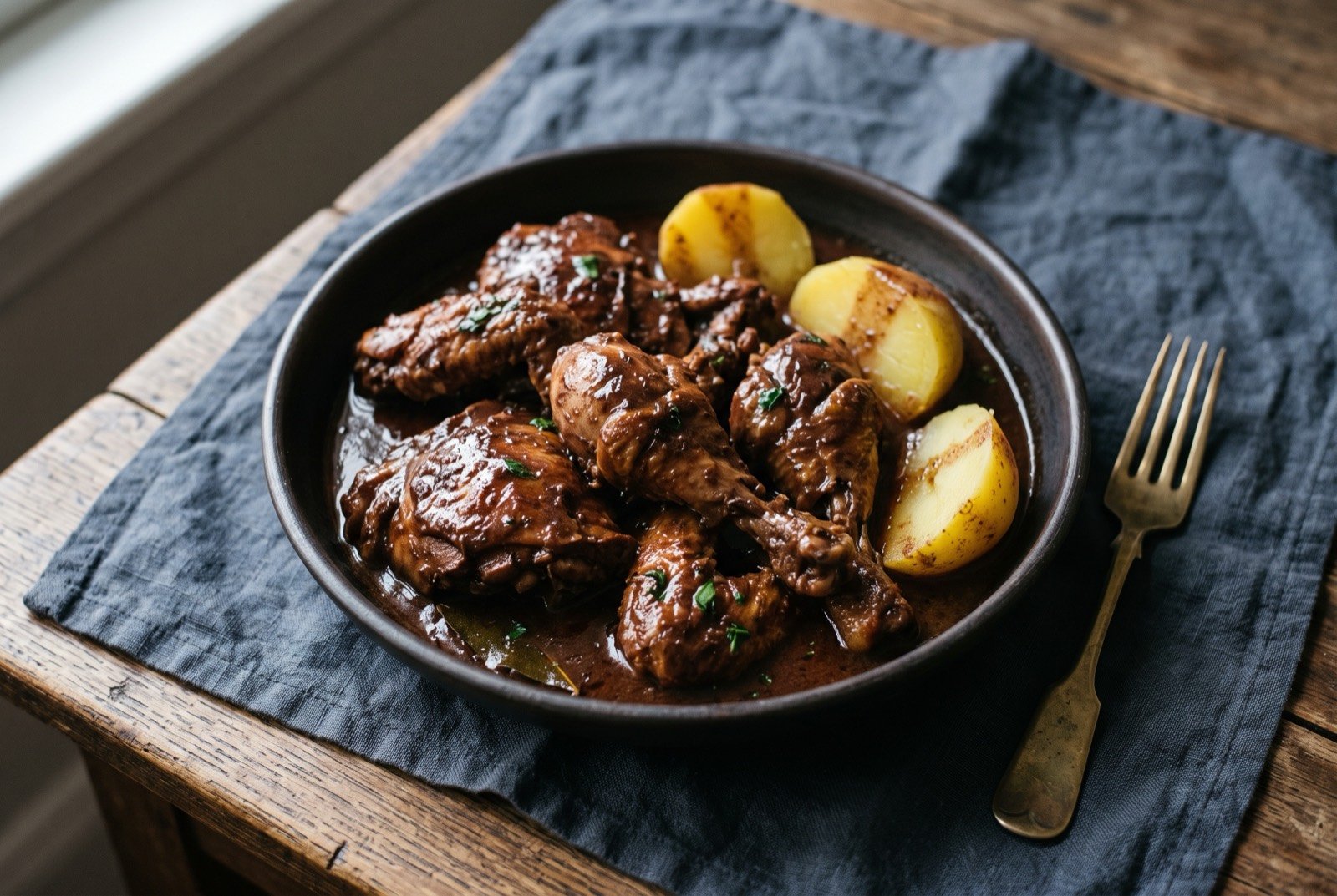 Galinha de cabidela, chicken braised in a sauce thickened with its own blood: bone-in chicken pieces glossy in a deep, dark reddish brown sauce, served in a shallow dark ceramic bowl, boiled potato halves nestled among the pieces.