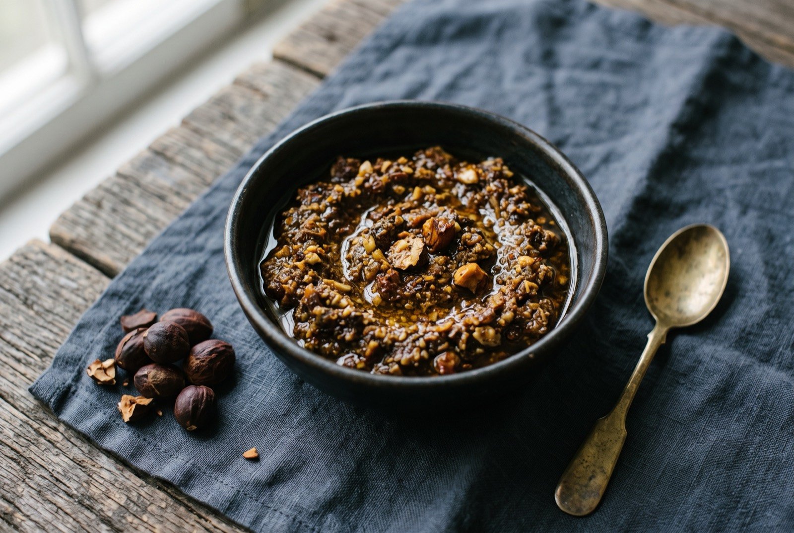 Galip nut relish, roasted nuts crushed to a coarse, oily paste: a small dark bowl of a coarse, glossy, oil-flecked nut paste, visible chunks of roasted nut throughout rather than a smooth puree.