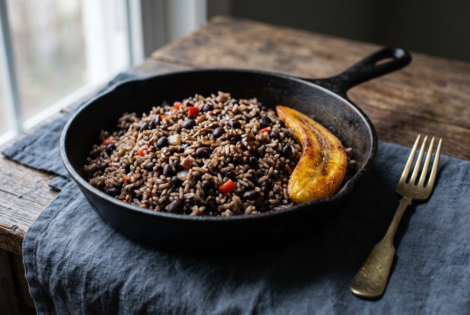 Gallo pinto, rice and black beans fried together with onion and sweet pepper: a mound of dark speckled rice and black beans fried together in a well seasoned black pan, the grains distinct rather than mushy.