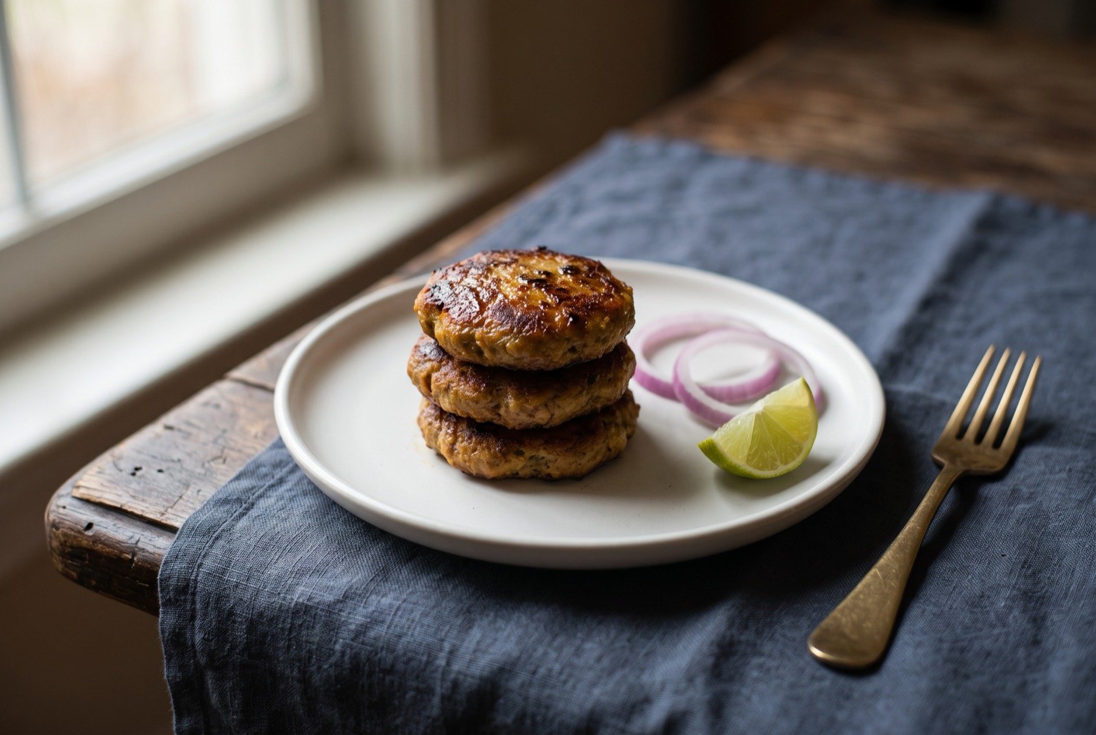 Galouti kebab, Lucknow's finely minced, papaya-tenderised melt-in-the-mouth kebab: a small stack of dark golden-brown, deeply seared flat kebab patties on a plain white plate, their surface tight and slightly glossy from ghee.