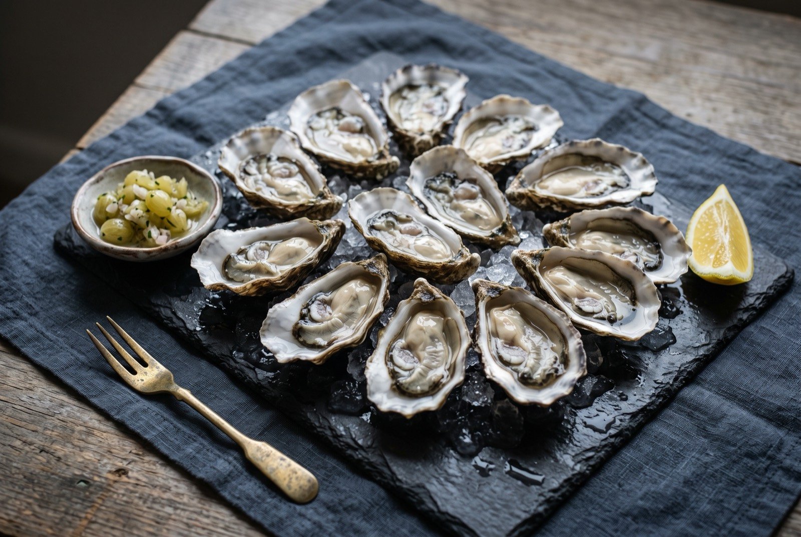 Galway Bay oysters on ice: a dozen freshly shucked native oysters arranged on a bed of crushed ice on a dark slate platter, their liquor pooling in each shell.