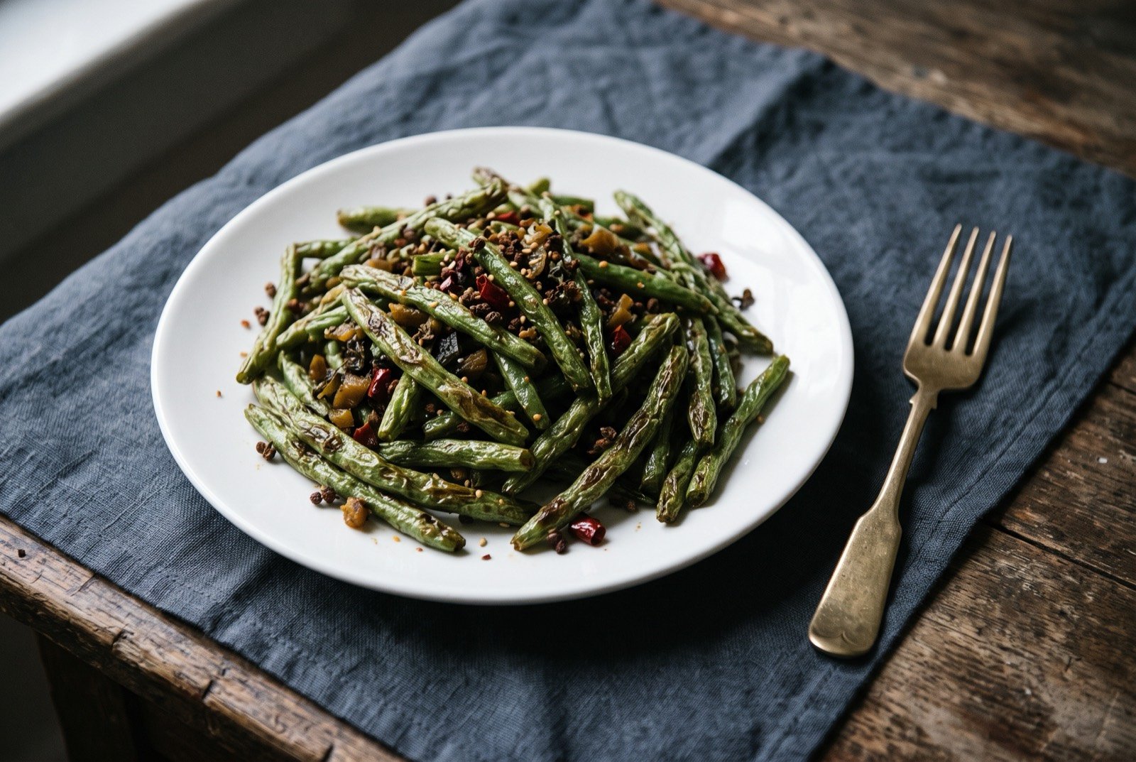 Ganbian sijidou, dry-fried green beans with preserved mustard stem: wrinkled, blistered green beans with a matte, slightly charred surface, tossed with small dark flecks of preserved mustard stem and a scatter of dried chilli and Sichuan pepper.