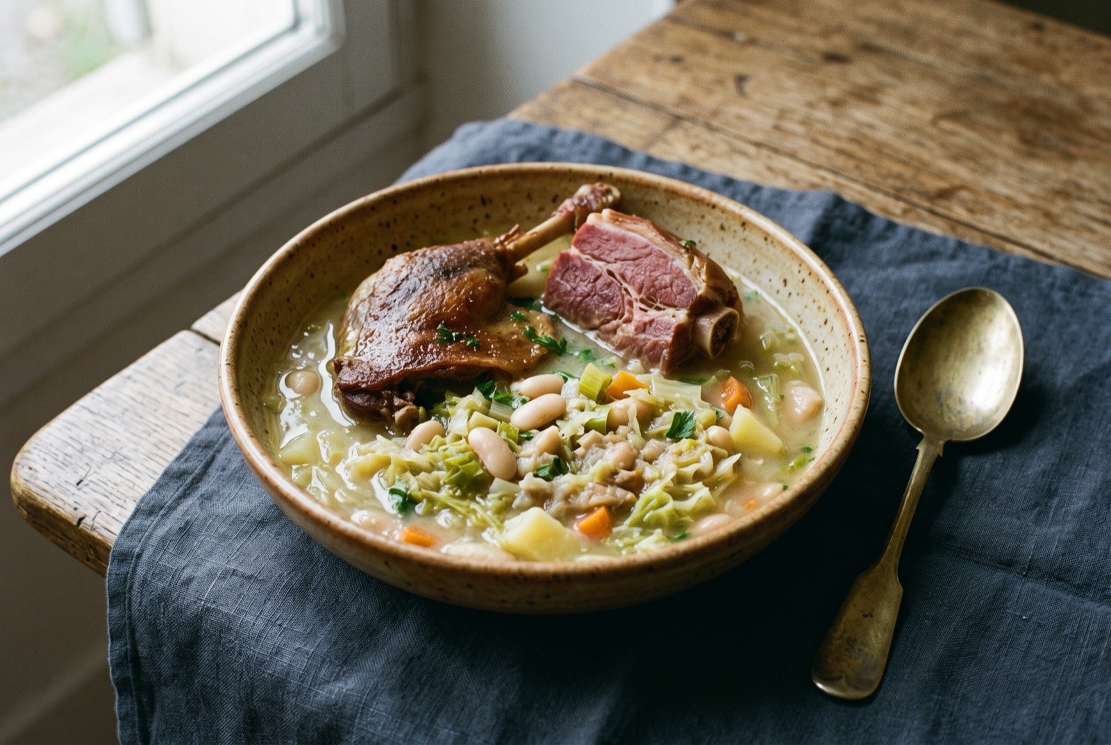 Garbure béarnaise, a farmhouse cabbage, bean and duck confit soup: a deep rustic bowl of hearty vegetable soup, chunks of cabbage, potato and carrot breaking the surface of a rich amber broth.