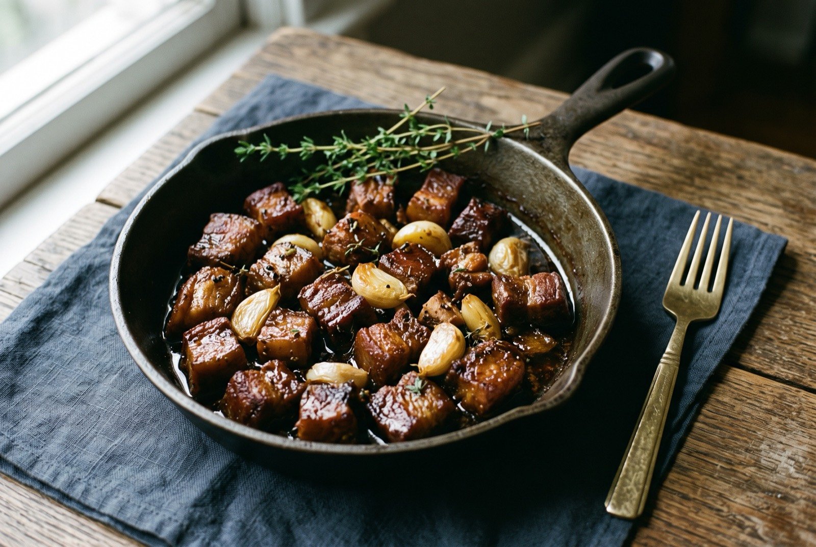 Garlic pork, a Portuguese descended vinegar cured pork dish: a shallow pan of deeply browned pork cubes in their own rendered fat, whole cloves of soft golden garlic scattered through.