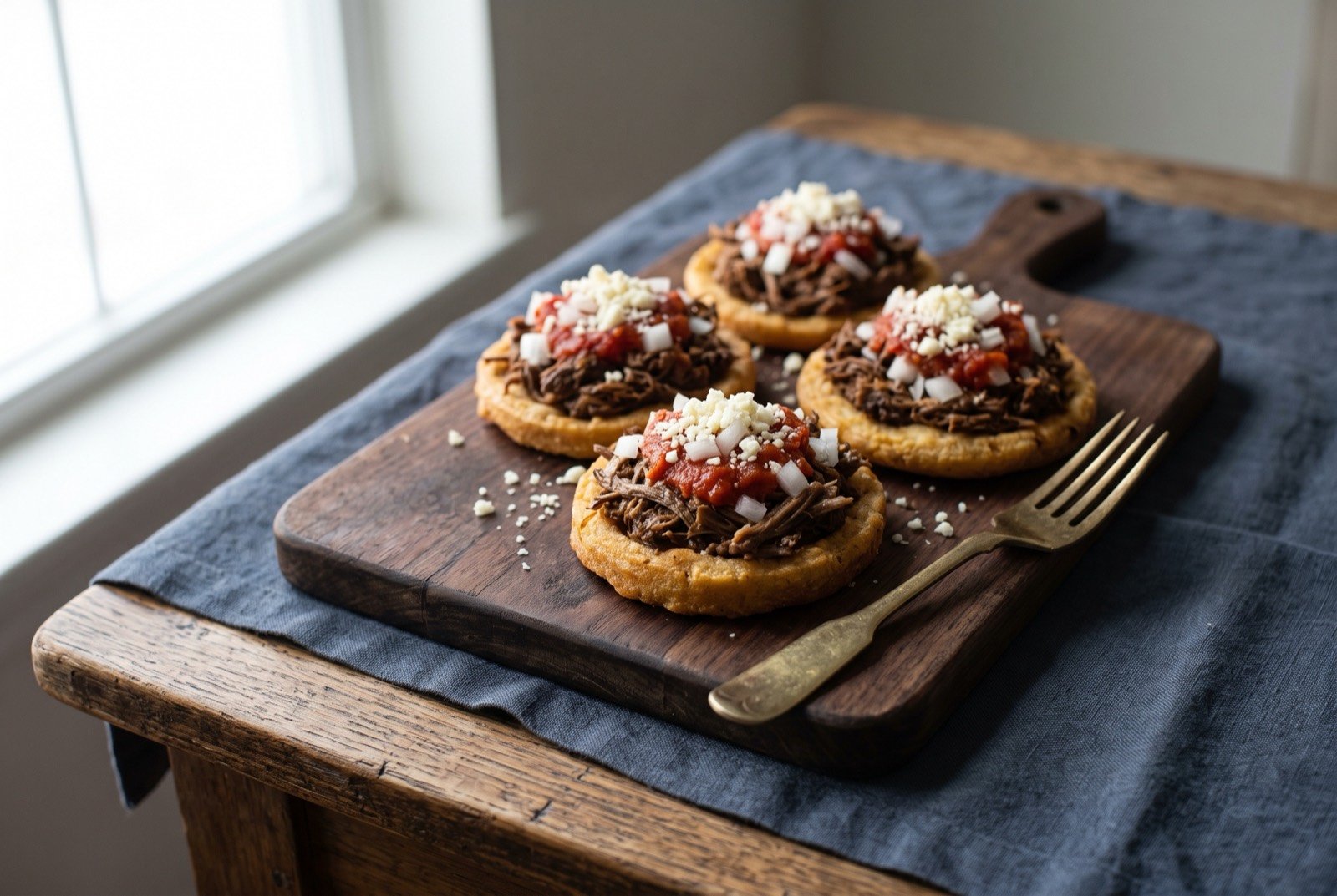 Garnachas veracruzanas, small fried masa rounds with shredded beef: a small cluster of thick, golden fried masa rounds topped with dark shredded beef, a spoonful of red salsa, finely chopped white onion and a light dusting of crumbled pale cheese.