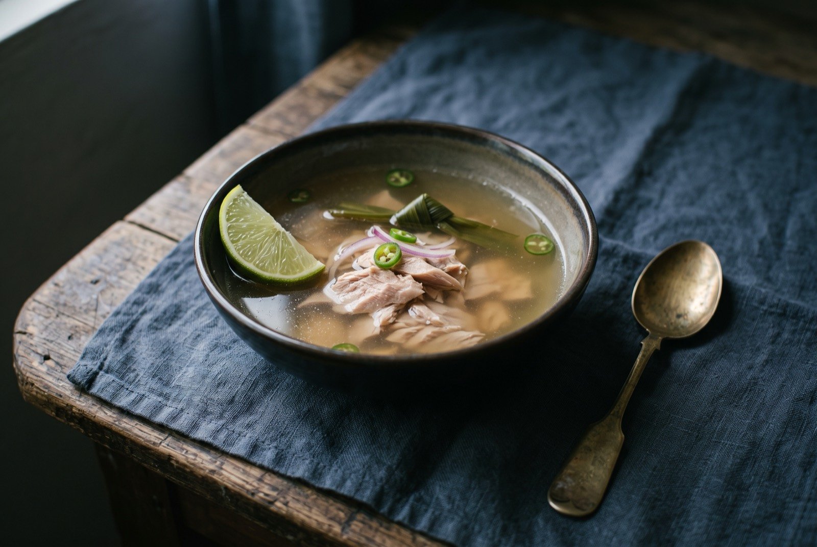 Garudhiya, a clear Maldivian tuna and pandan broth: a clear, pale amber broth in a simple bowl, flakes of pale tuna flesh settled at the bottom, a few thin slices of green chilli and red onion floating at the surface.