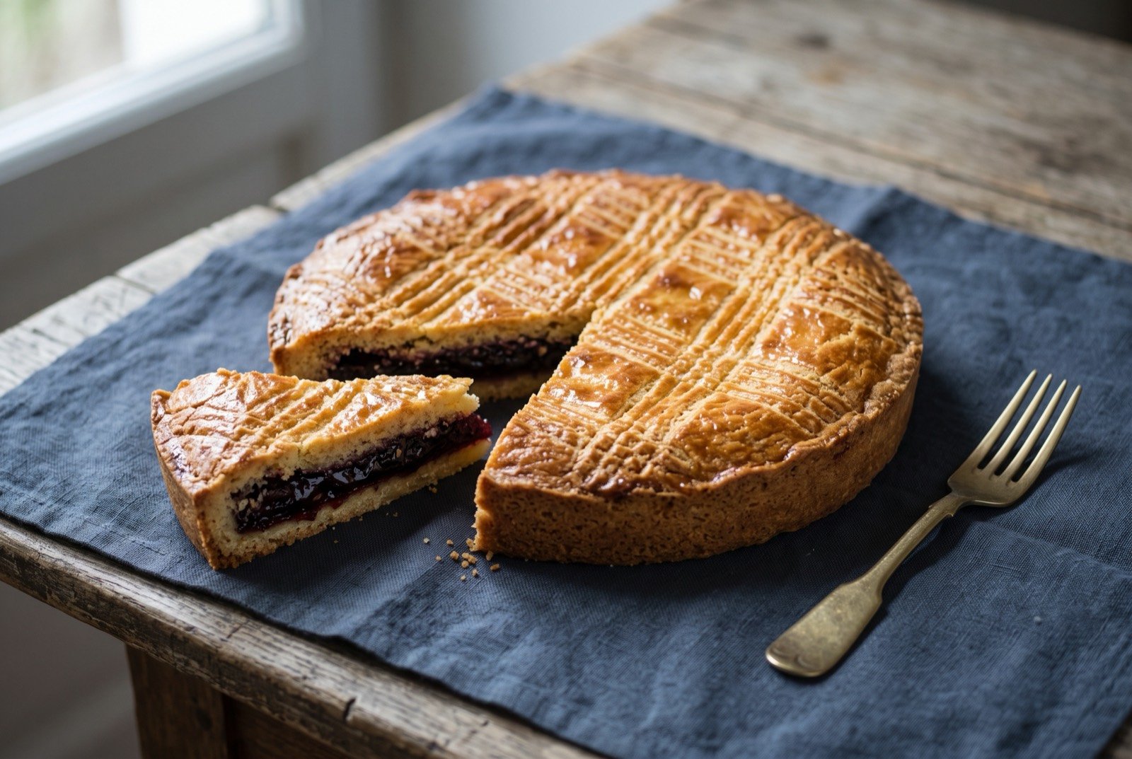 Gâteau basque, a rustic filled pastry cake with a lattice-scored glaze: a round, deep golden brown cake with a glossy egg-washed crust scored in a fine crosshatch lattice pattern, a single slice cut away to reveal a thick layer of dark cherry jam within.