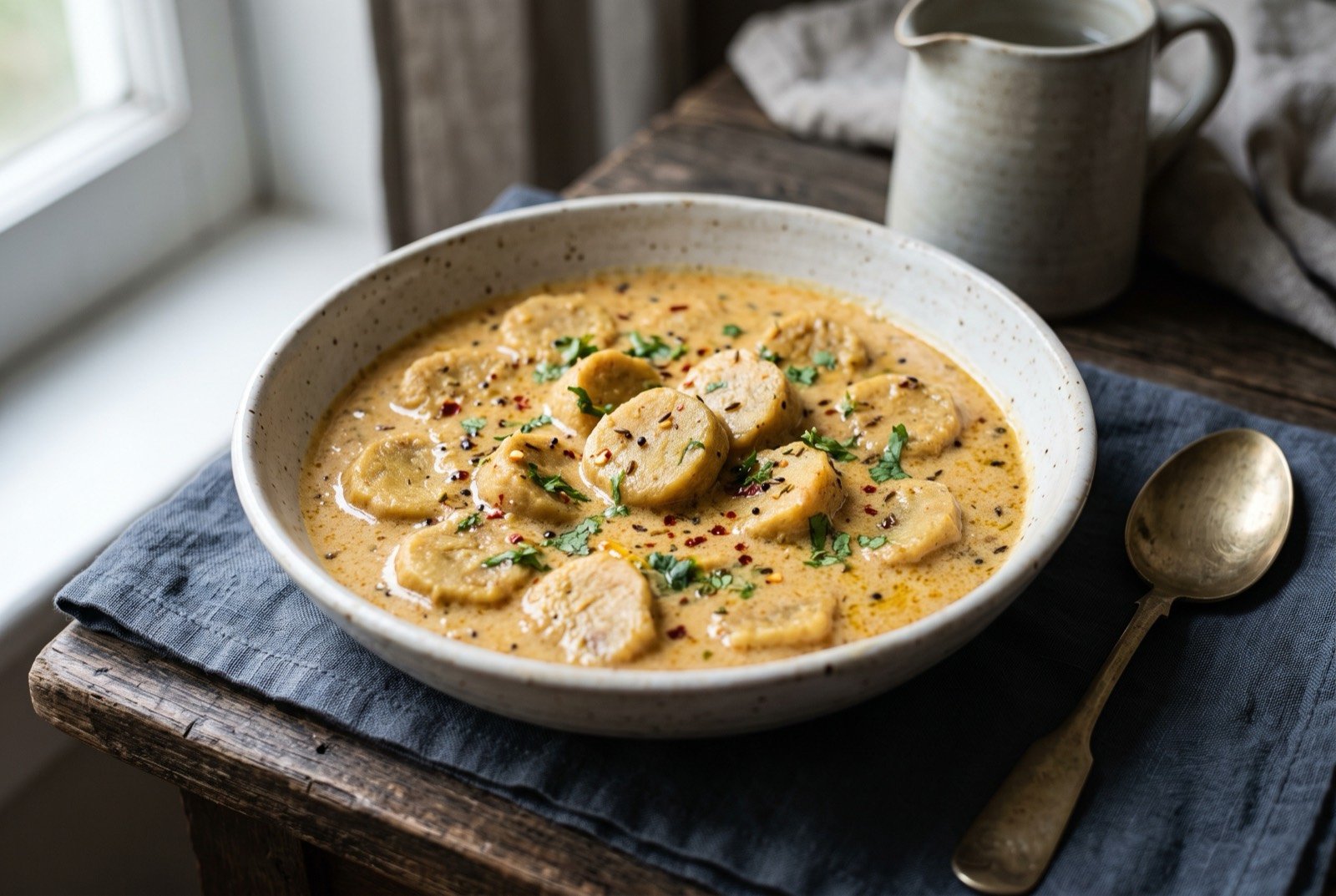 Gatte ki sabzi, gram-flour dumplings simmered in a spiced yoghurt gravy: a shallow bowl of pale golden-brown gram-flour dumpling rounds suspended in a thin yoghurt-based gravy flecked with red chilli and mustard seed.