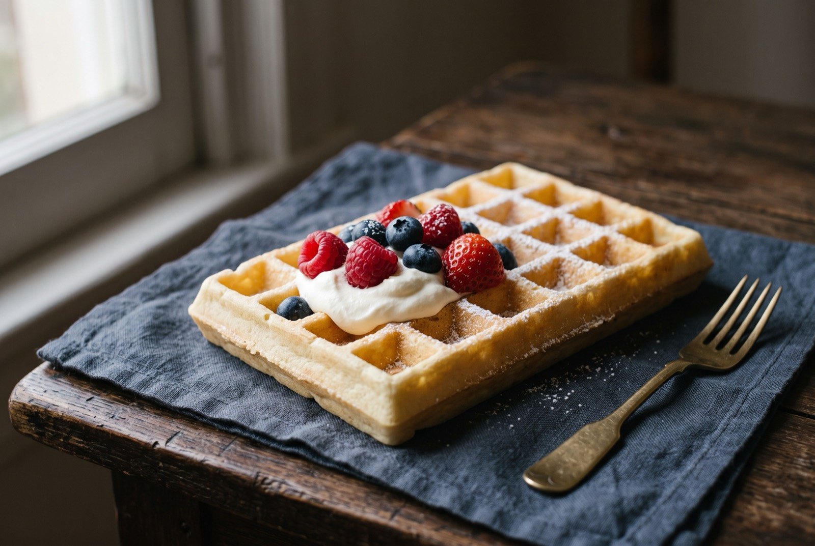 Gaufre de Bruxelles, light batter waffle: a single large, pale golden rectangular waffle with deep, evenly spaced pockets, a generous dollop of whipped cream and a scatter of fresh berries resting in the pockets nearest the front.