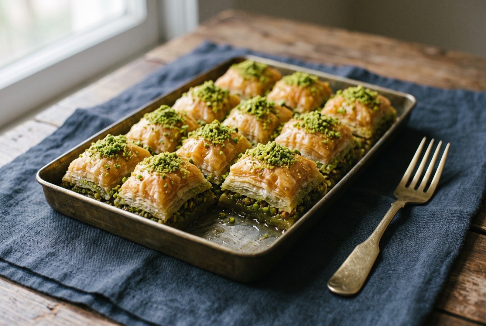 Gaziantep baklavası, layered filo with pistachio, soaked in hot syrup: a tray of golden diamond cut baklava pieces, each layer visible at the cut edge, a vivid green crushed pistachio dusted thickly across the top.