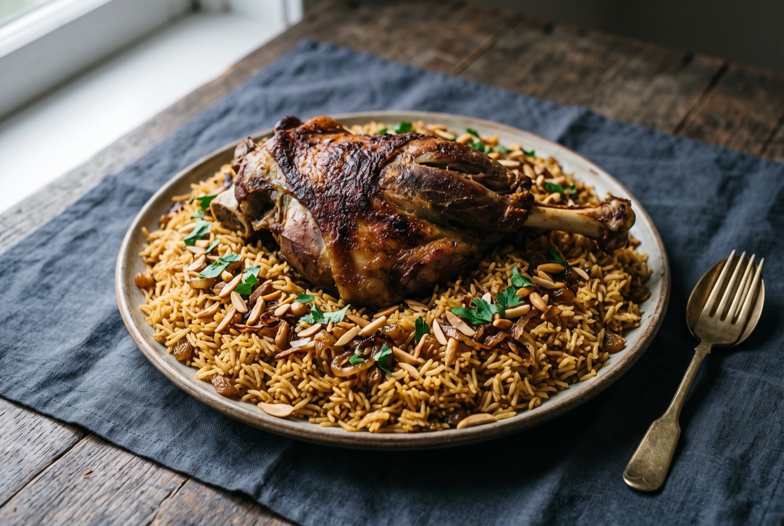 Ghuzi, a whole roasted lamb shoulder over spiced rice: a large platter of amber spiced rice mounded high, a whole bone-in lamb shoulder resting on top with deeply browned, crisped skin.