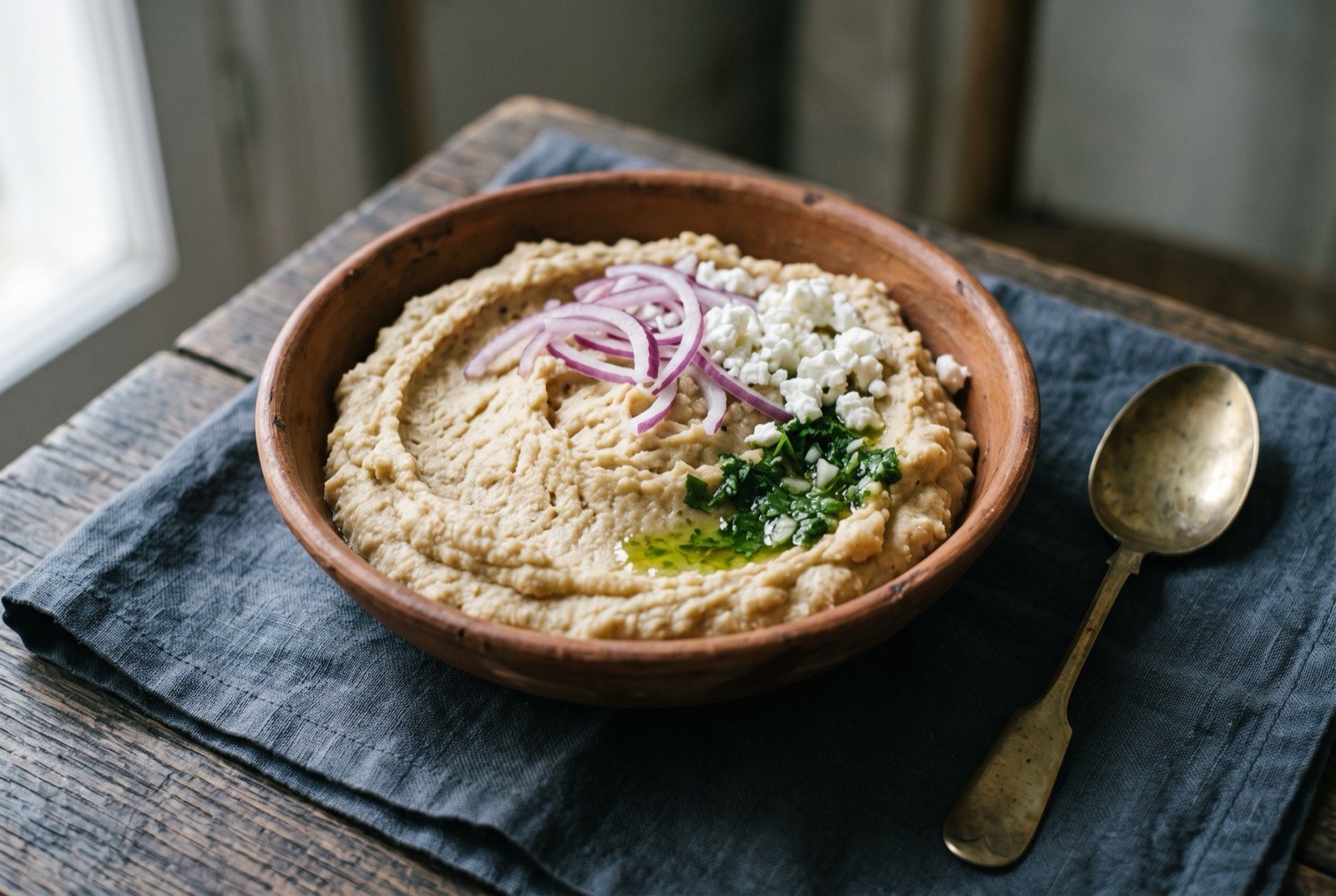 Gofio escaldón, toasted grain flour worked into hot broth: a thick, pale beige paste mounded in a rustic clay bowl, its surface ridged from working with a wooden spoon, topped with a scatter of thinly sliced red onion and crumbled fresh white cheese.