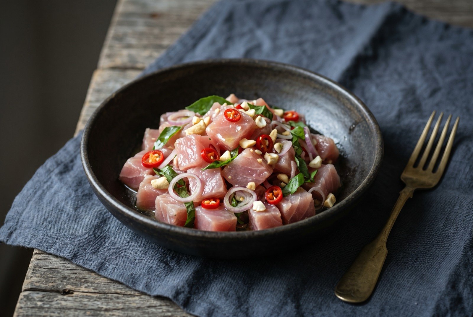 Gohu ikan, Ternate's raw skipjack tuna salad dressed with sour lemon cui and hot shallot oil: small cubes of pale pink raw tuna piled loosely in a dark bowl, glistening with citrus and oil, scattered with thin shallot rings.