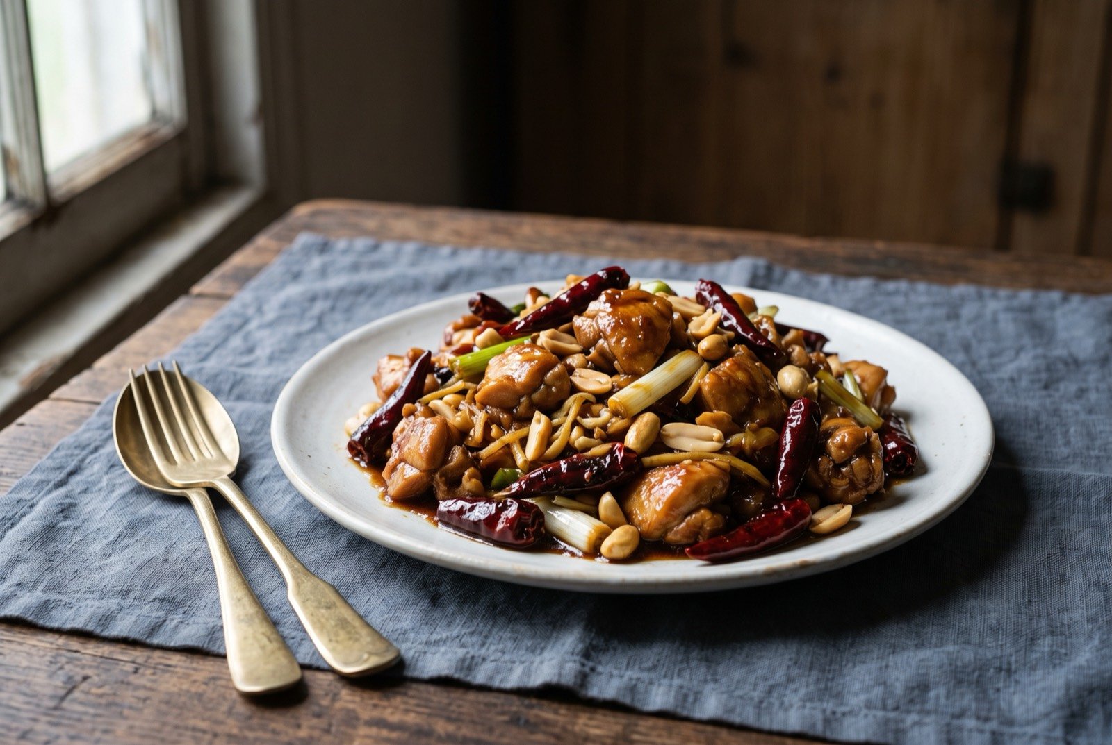 Gongbao jiding, kung pao chicken with charred dried chillies and toasted peanuts: diced glossy chicken tossed with whole dried red chillies charred to a deep jujube colour, scattered with pale toasted peanuts and slivers of spring onion.