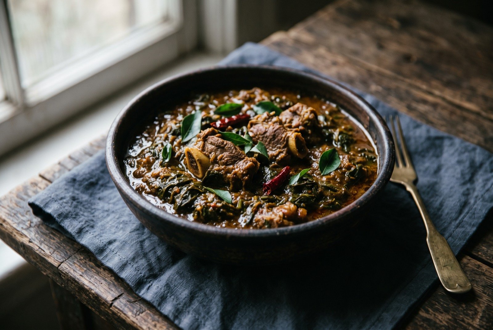 Gongura mamsam, mutton cooked down with sorrel leaf until the leaf's sourness takes over: a dark bowl of deep brownish red mutton curry with visible flecks of broken down dark green sorrel leaf throughout the thick gravy.