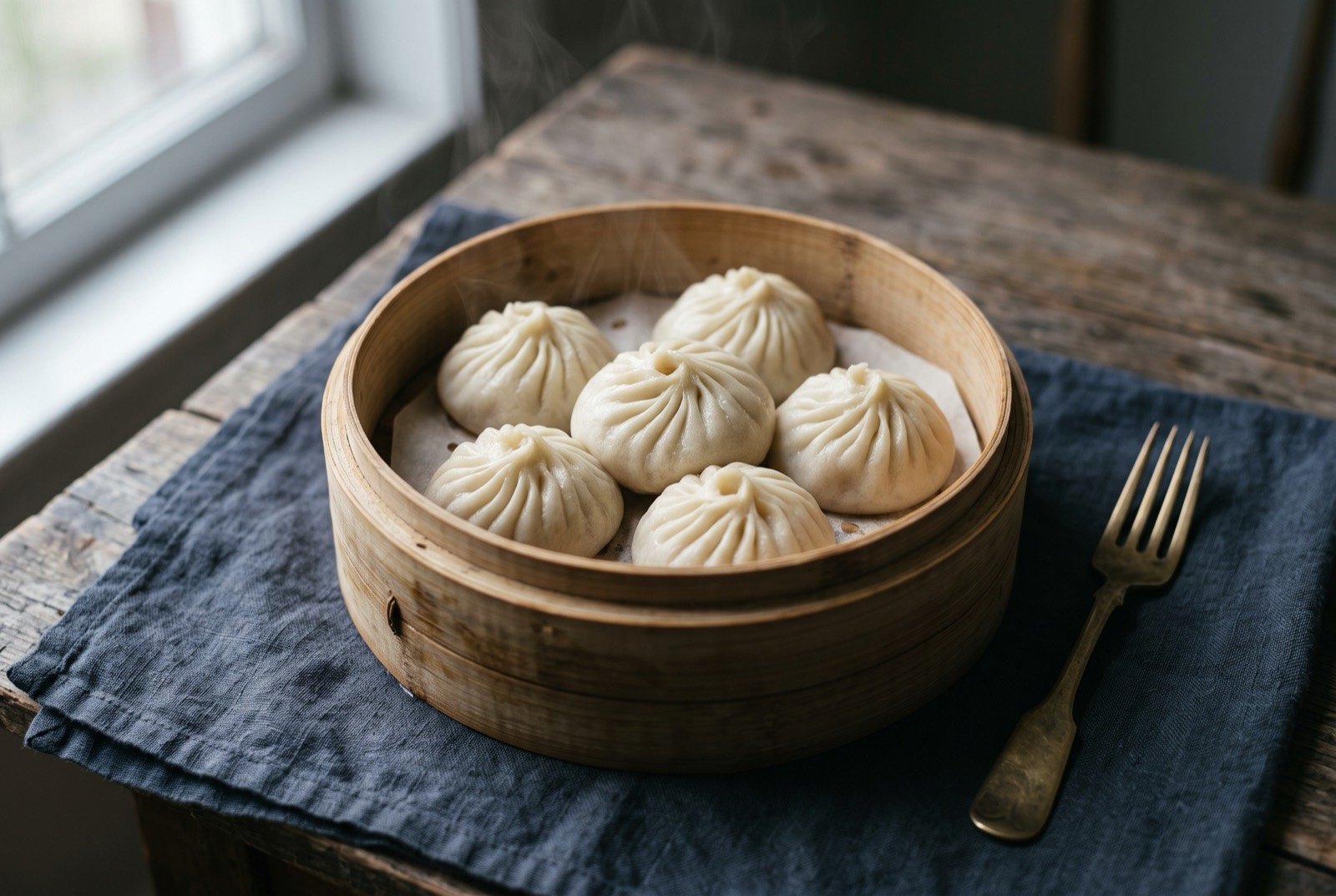 Goubuli baozi, steamed filled buns: a small bamboo steamer holding several plump, pale steamed buns, each gathered into tight, fine pleats at the top resembling a chrysanthemum about to bloom.