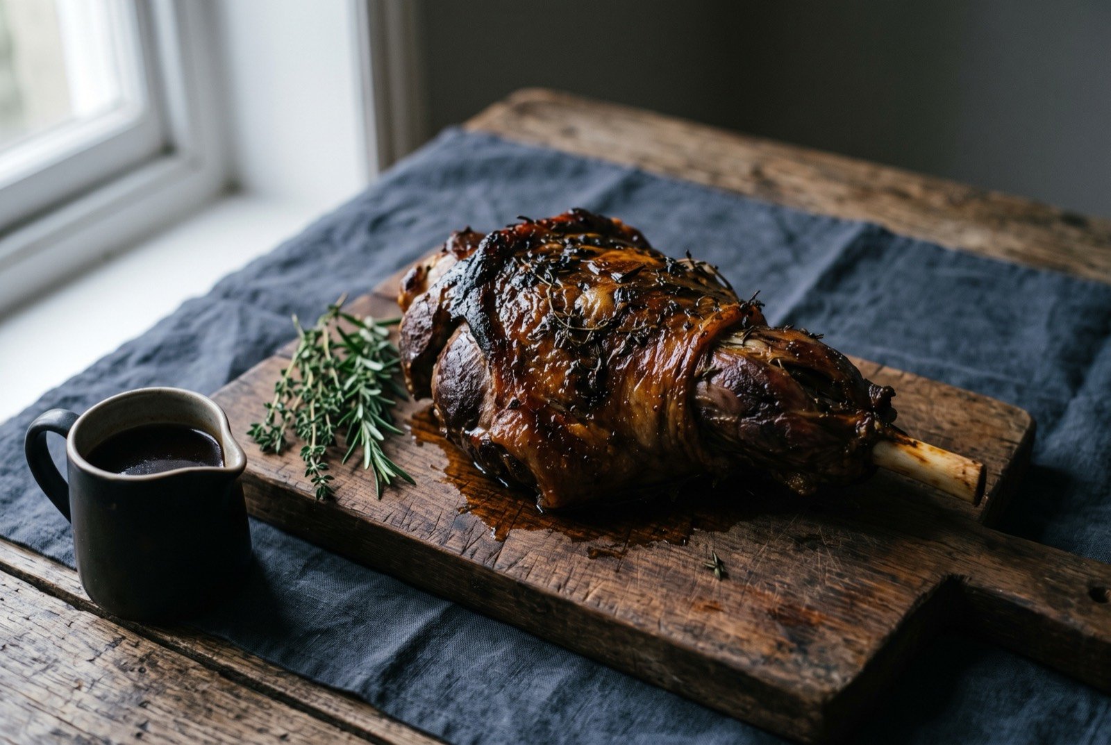 Gower salt marsh lamb, roasted: a dark, deeply browned roast lamb shoulder resting on a wooden board, its surface glistening with rendered fat, a few sprigs of thyme scattered beside it and a small jug of dark reduced juices alongside.