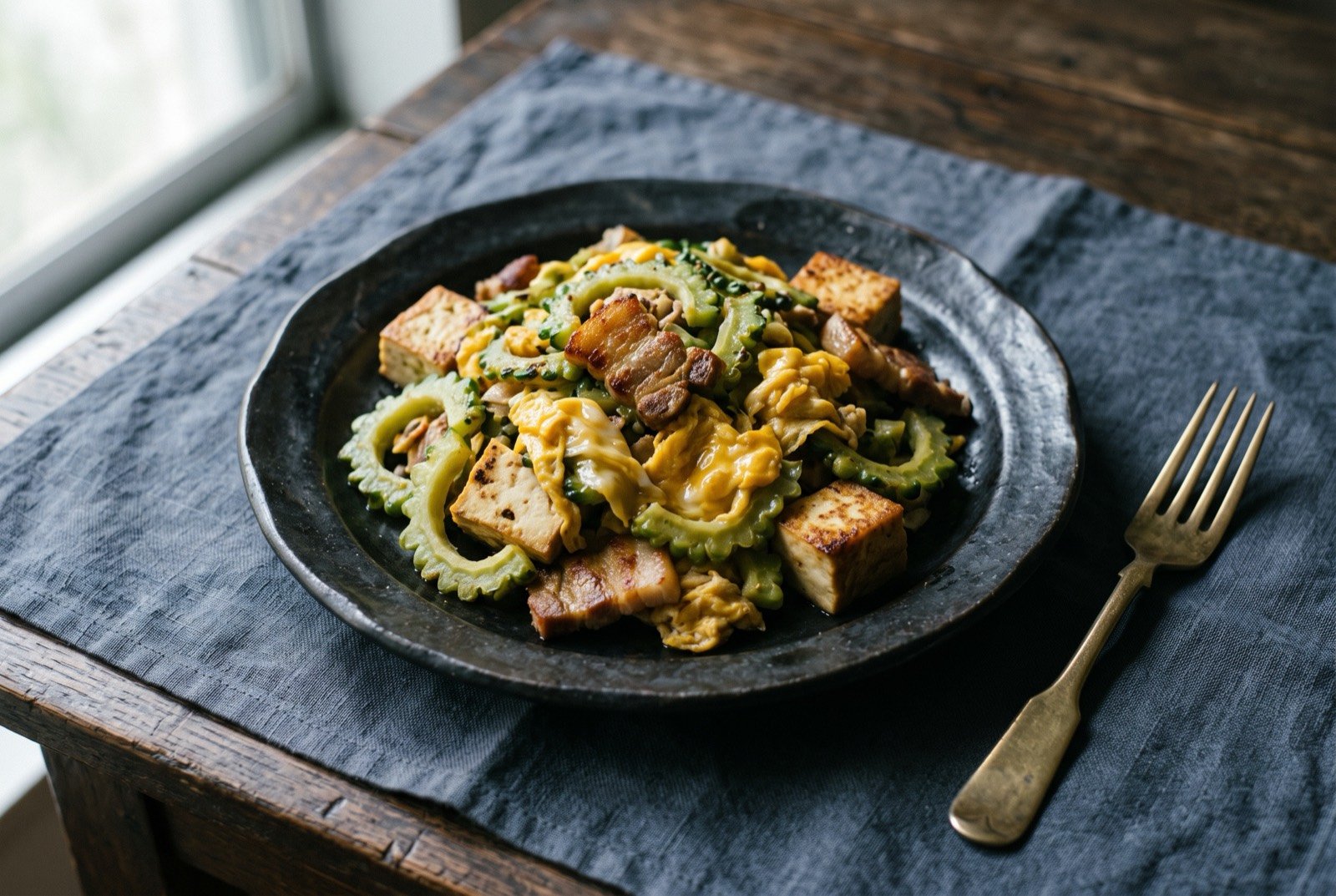Goya champuru, bitter melon and island tofu stir-fry: a dark plate piled with pale green bitter melon crescents, browned cubes of island tofu, crisp edged pork belly and soft scrambled egg.