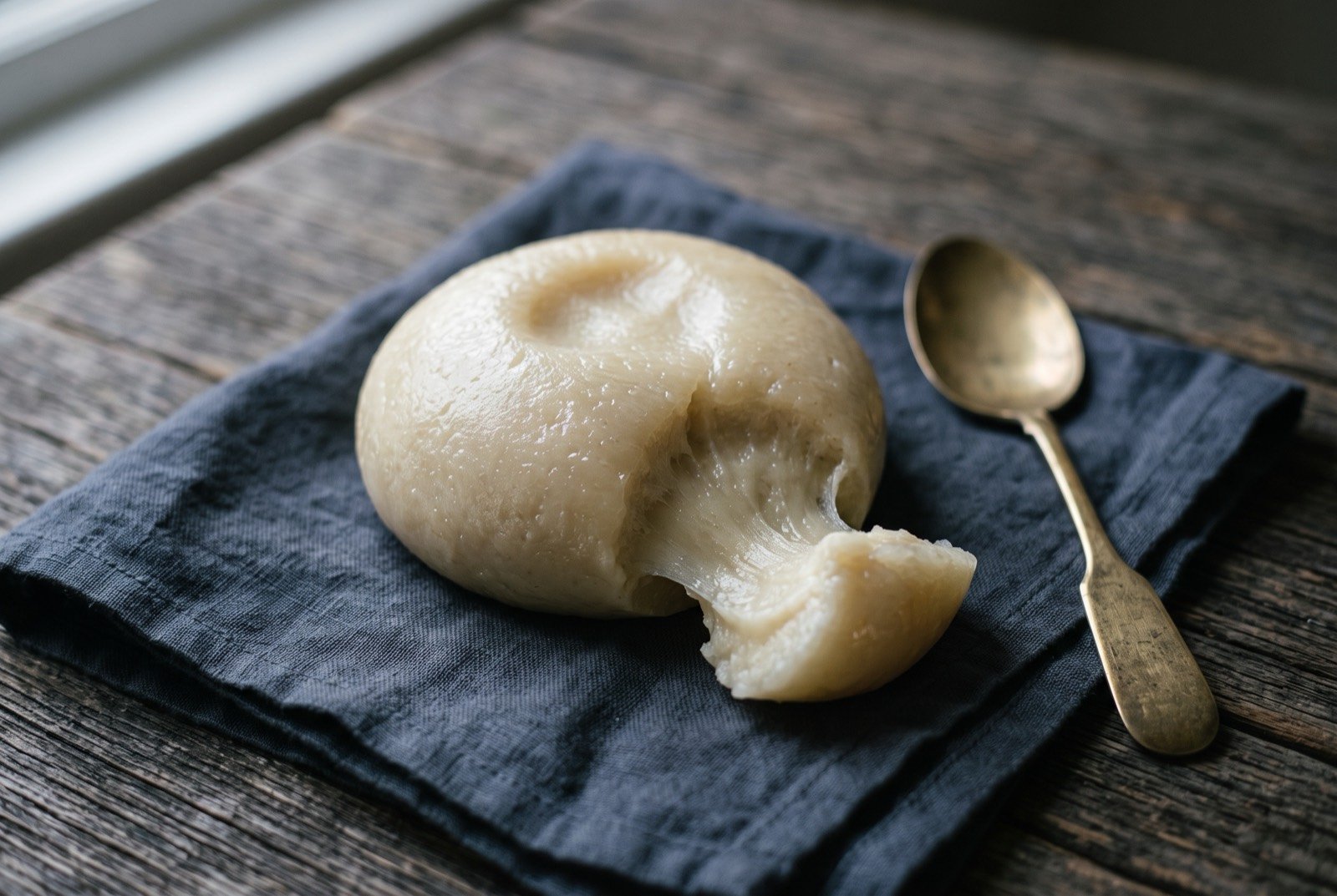 Gozo: A smooth white cassava ball, faintly translucent and waxy where it has been rolled with wet hands, dense enough to hold a thumbprint. The surface carries a wet sheen.