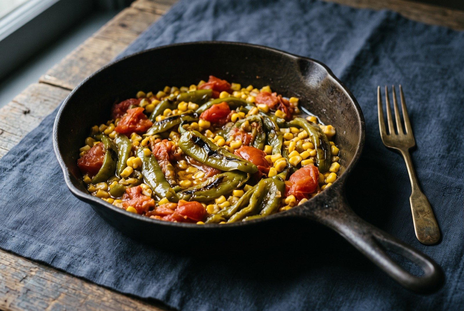 Green chile fry, roasted chile, corn and tomato: a cast iron pan of softened, glossy green chile strips mixed with golden corn kernels and soft ripe tomato, faint charring visible on some chile edges.