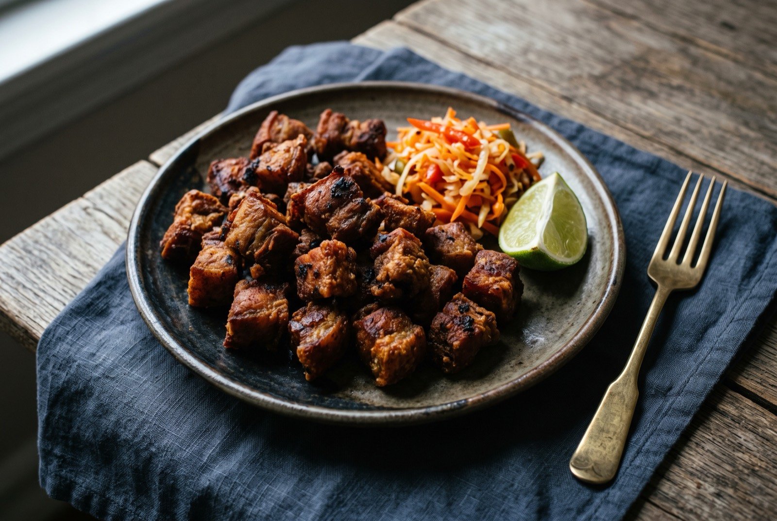 Griot, boiled then fried marinated pork: a rustic plate piled with deep golden brown fried pork cubes, the surface craggy and deeply caramelised with a few darker charred flecks.