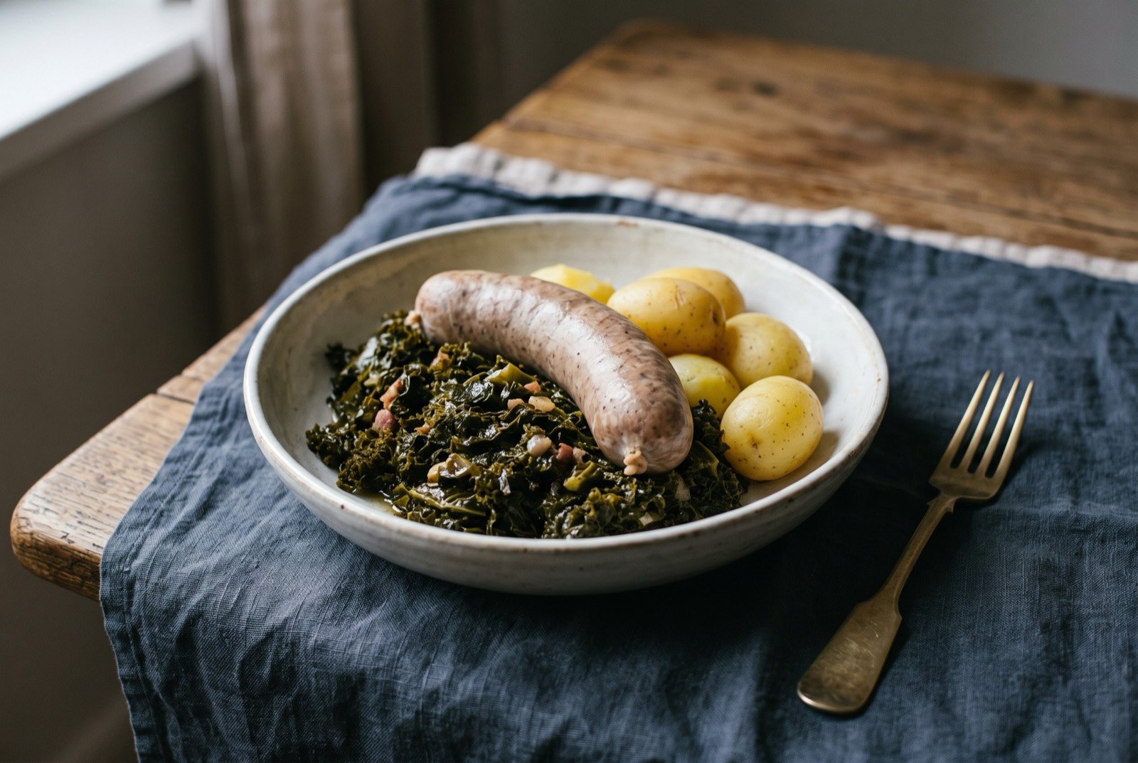 Grünkohl mit Pinkel, Bremen braised kale with smoked groat sausage: a deep dark green, softly braised mound of curly kale glistening with rendered fat, a plump pale smoked sausage laid across the top.