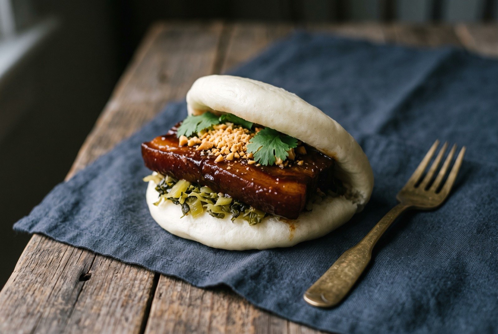 Gua bao, folded steamed bun known as tiger biting the pig: a folded white steamed bun opened to show a thick slice of glossy braised pork belly inside, a scatter of pale pickled mustard greens and crushed golden peanut visible at the fold.