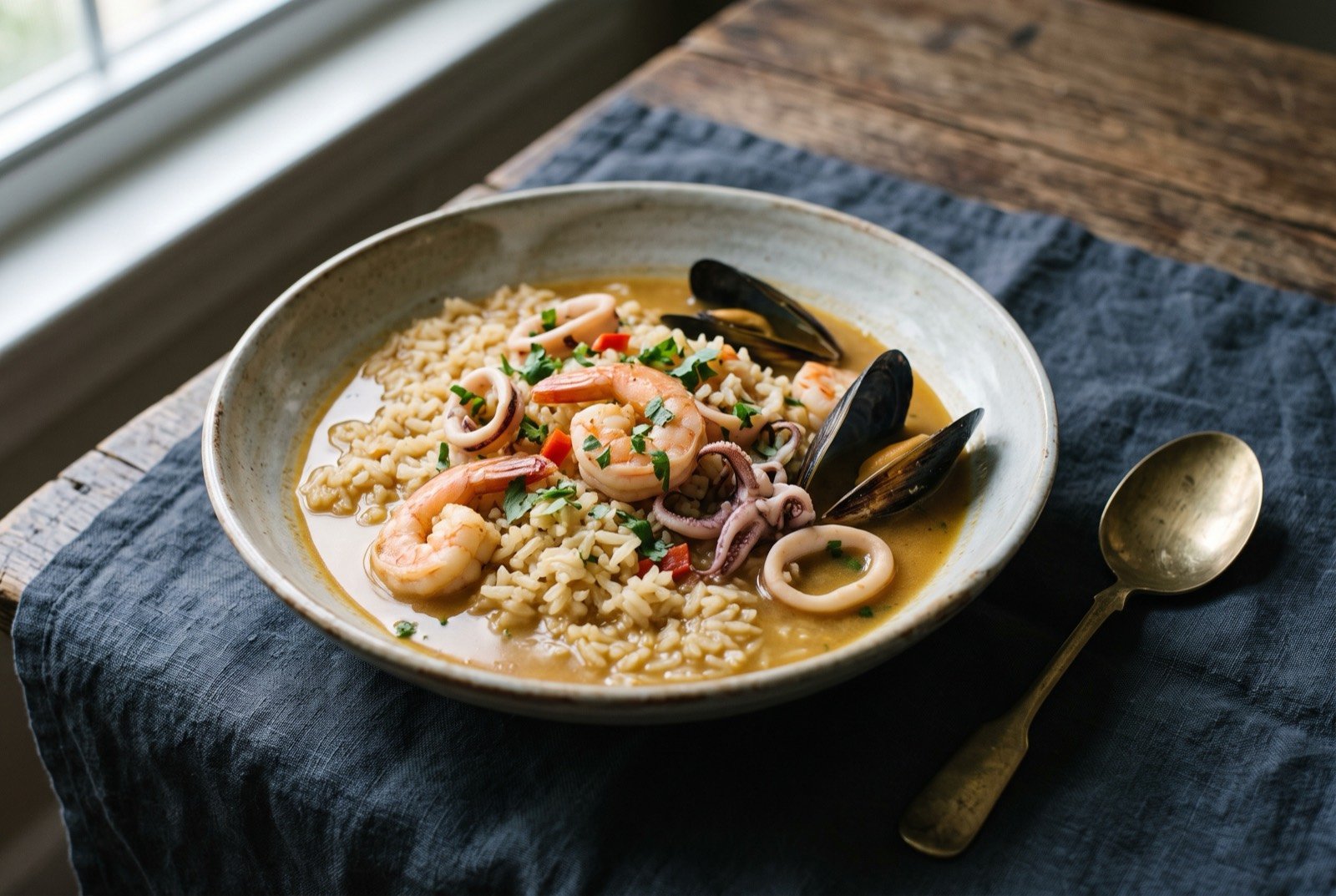 Guacho de mariscos, a soupy seafood rice: a wide shallow bowl of loose, soupy pale golden rice studded with pink shrimp, rings of squid and a few mussels in their dark shells.